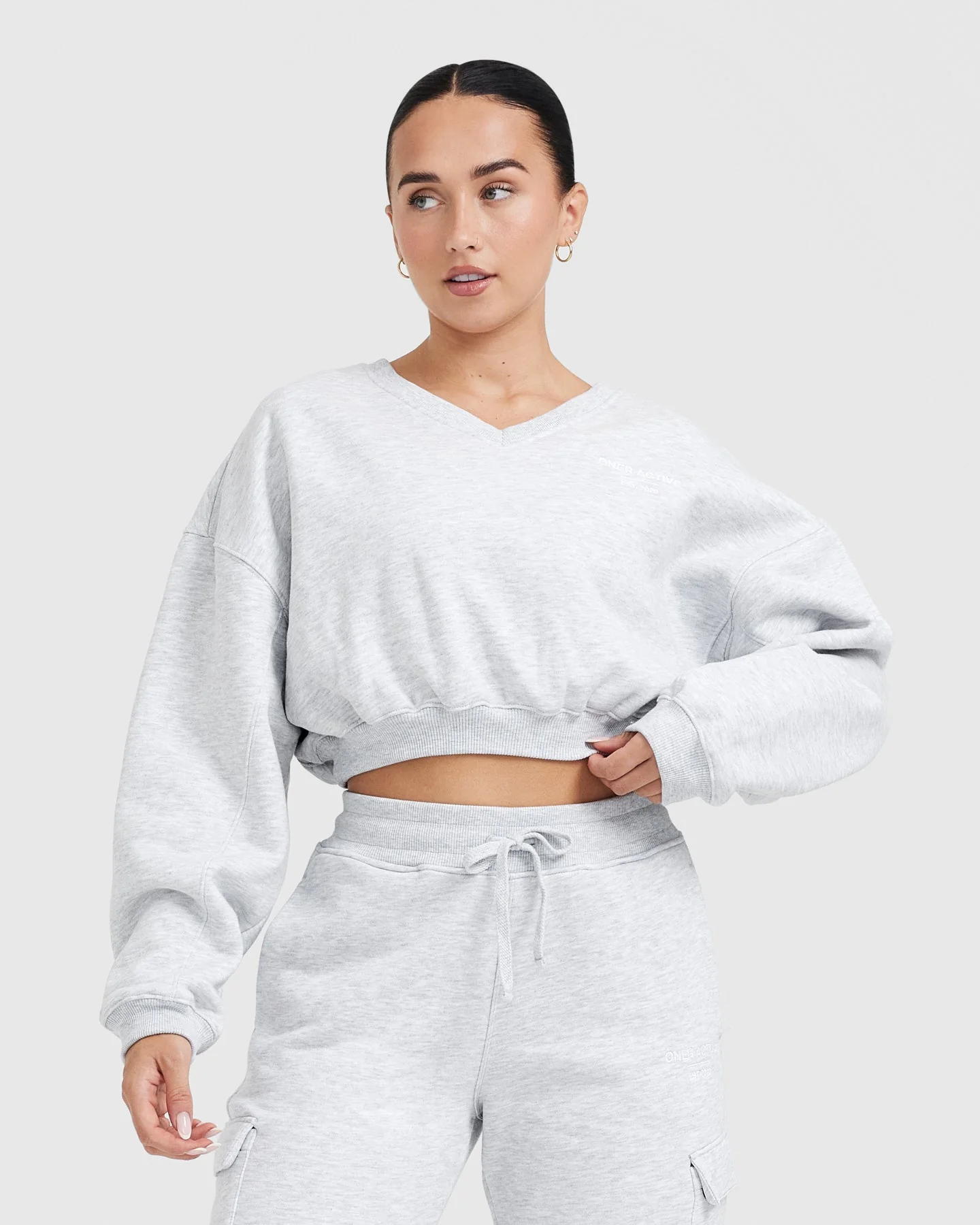 All Day Est 2020 Crop V Neck Sweatshirt | Light Grey Marl