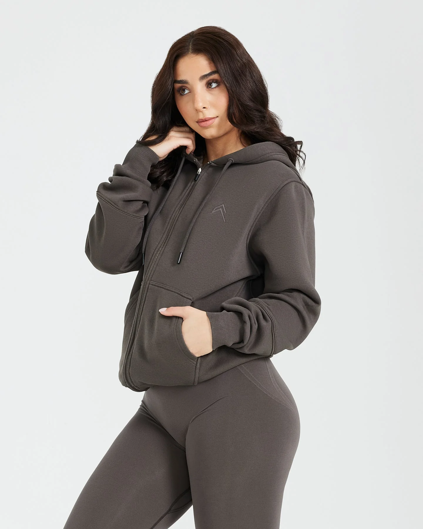 Classic Lounge Oversized Zip Through Hoodie | Deep Taupe - Image 3