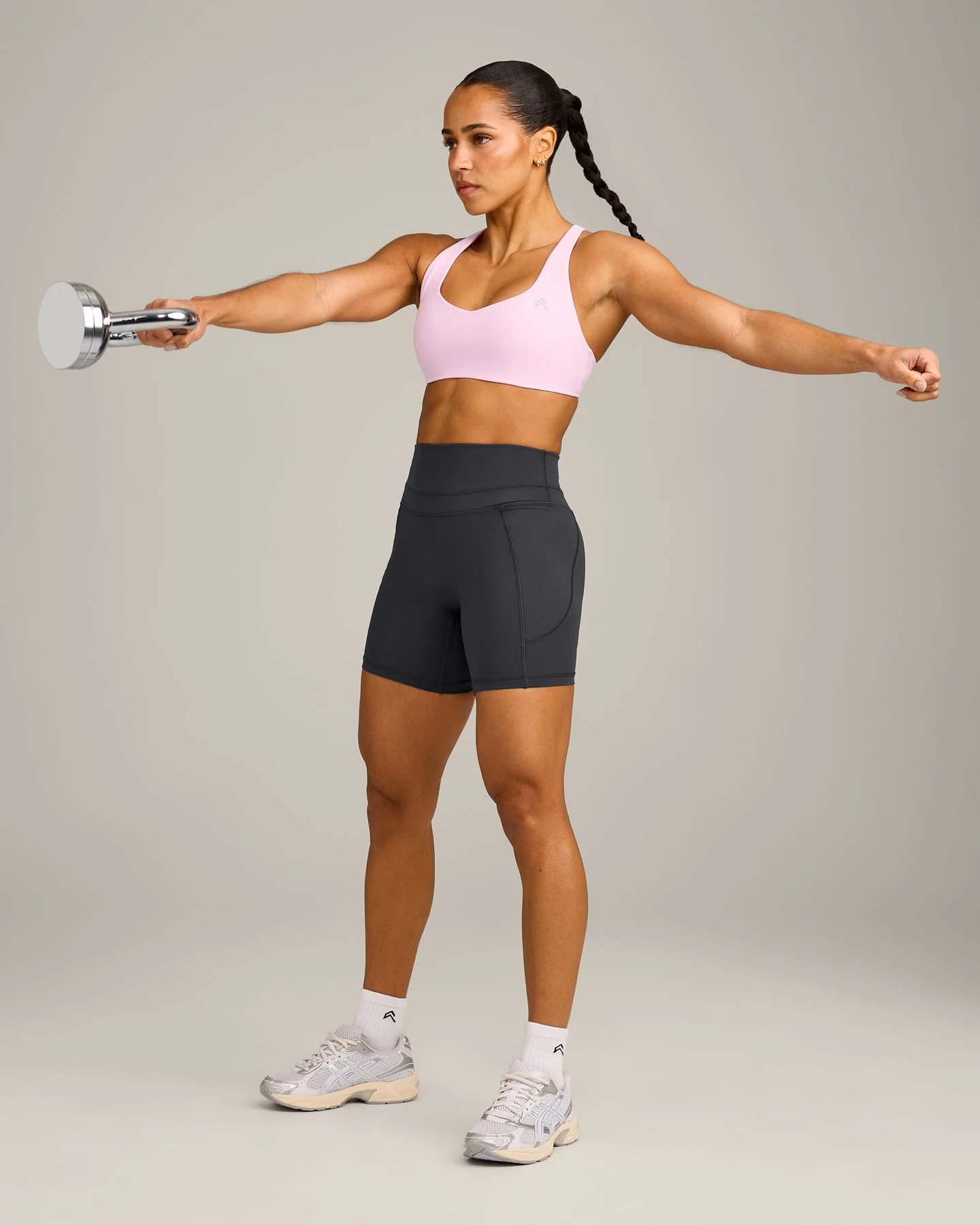 EasyLift™ Cross Back Sports Bra with Grey Logo | Chalk Pink - Image 3