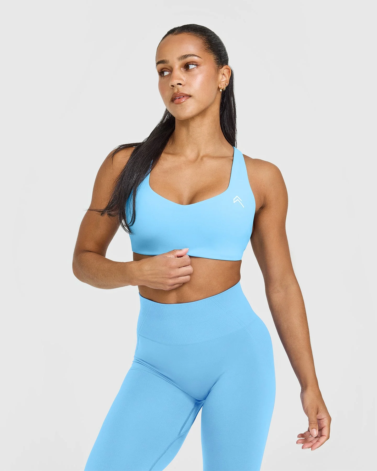 EasyLift™ Cross Back Sports Bra with White Logo | Arctic Blue