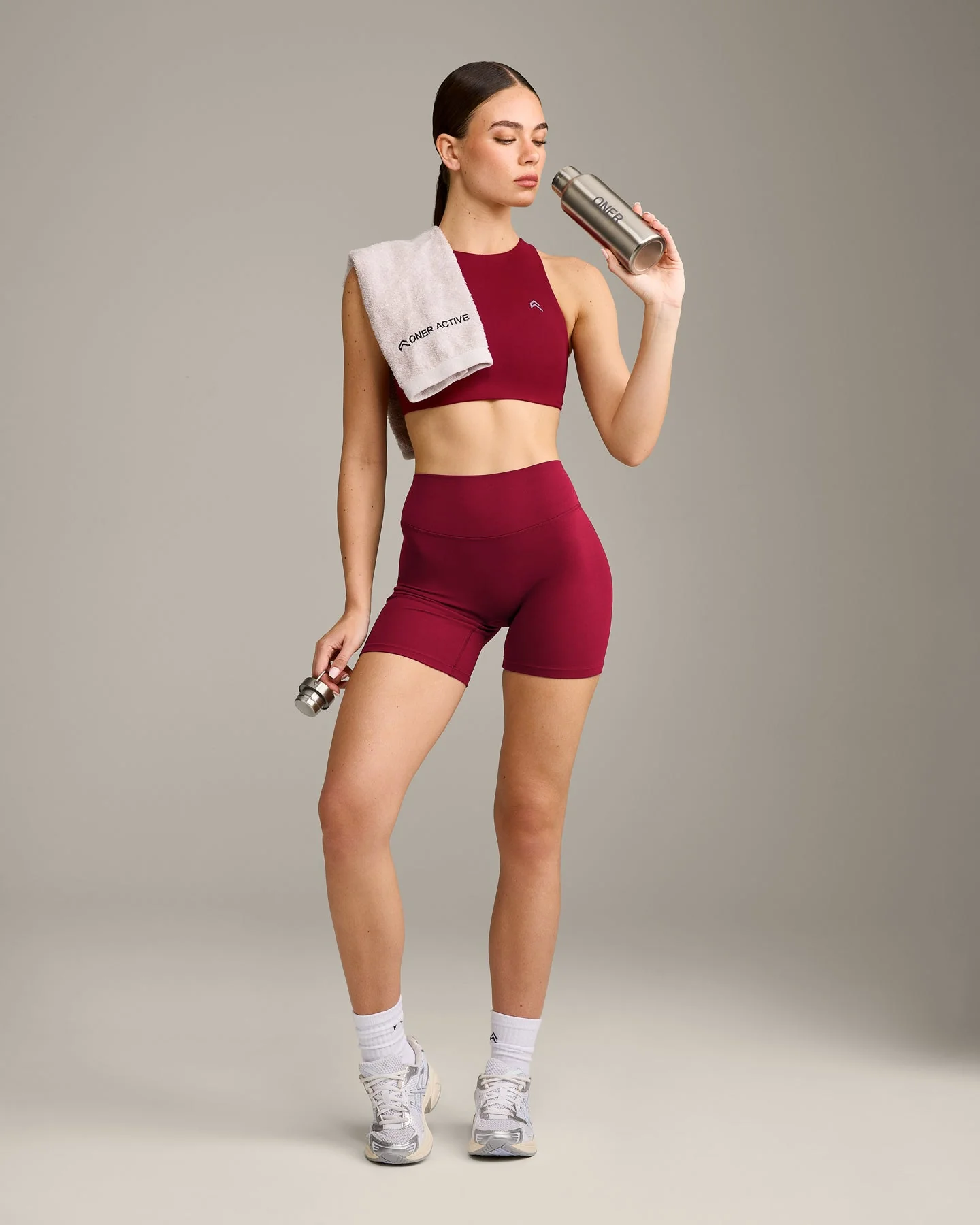 EasyLift™ High Neck Sports Bra with Grey Logo | Ruby Red - Image 2