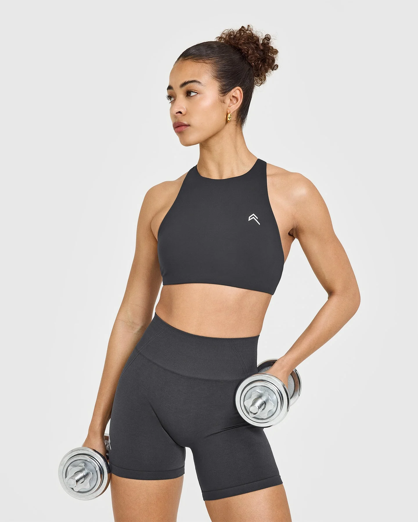 EasyLift™ High Neck Sports Bra with White Logo | Coal - Image 4