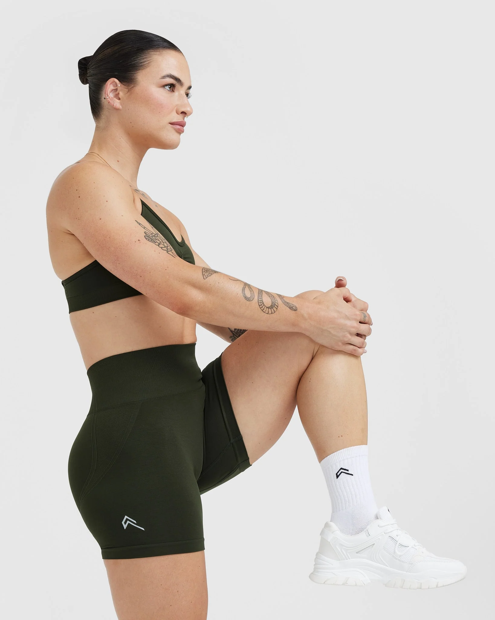 EffortlessLift™ Seamless Cycling Shorts with White Logo | Khaki - Image 6