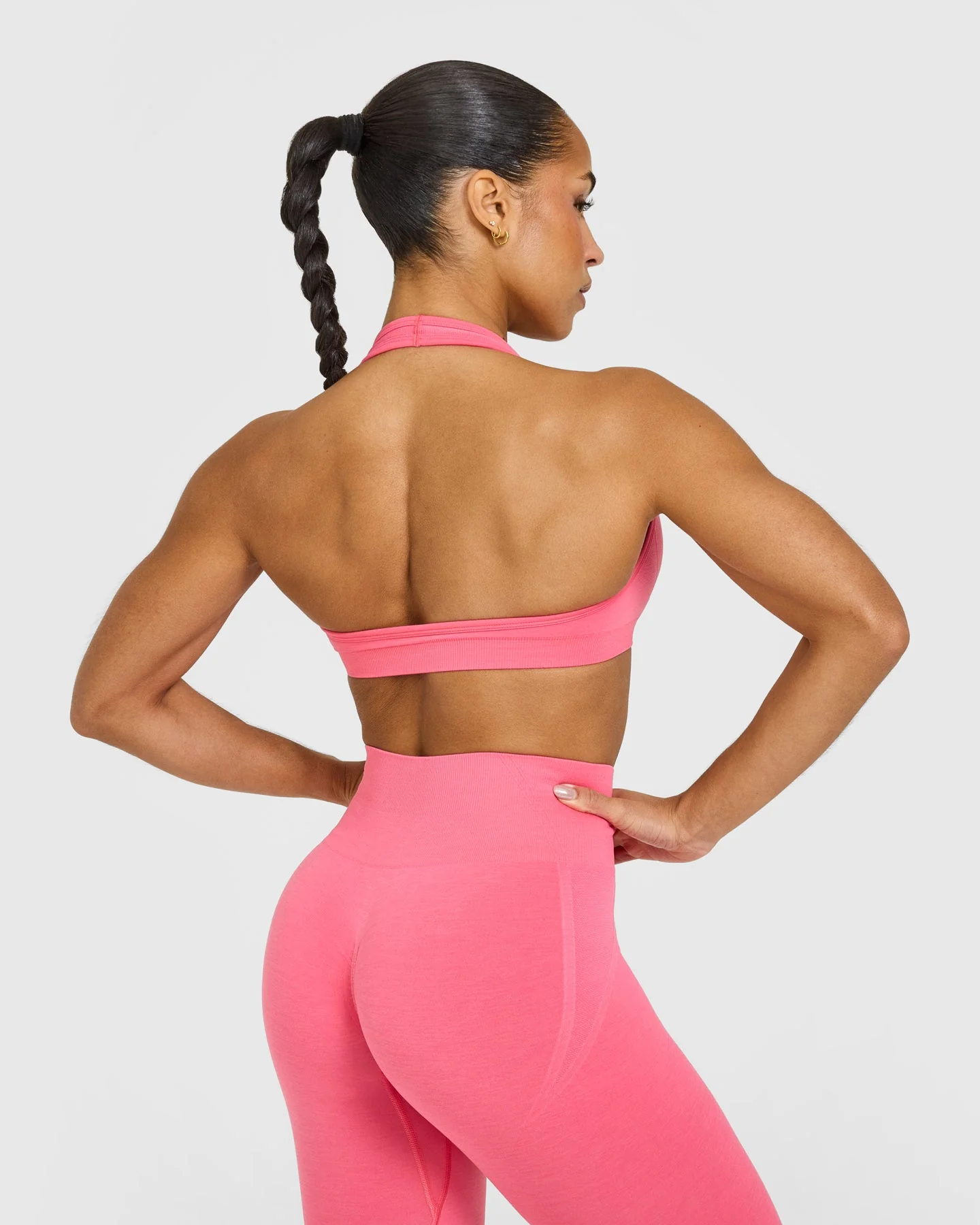 EffortlessLift™ Seamless Halter Neck Sports Bra with White Logo | Hot Girl Pink - Image 6