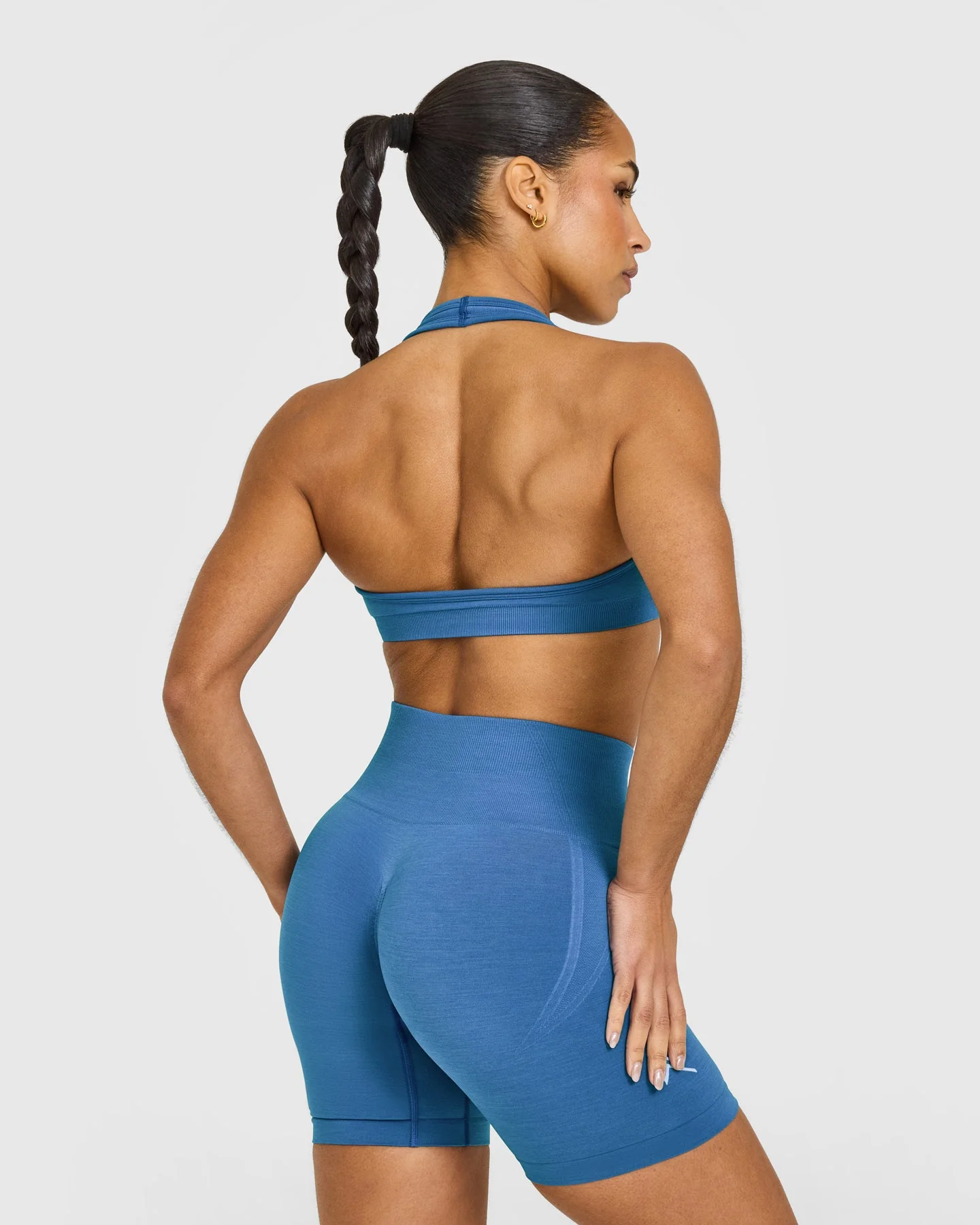 EffortlessLift™ Seamless Halter Neck Sports Bra with White Logo | Ocean Blue - Image 2