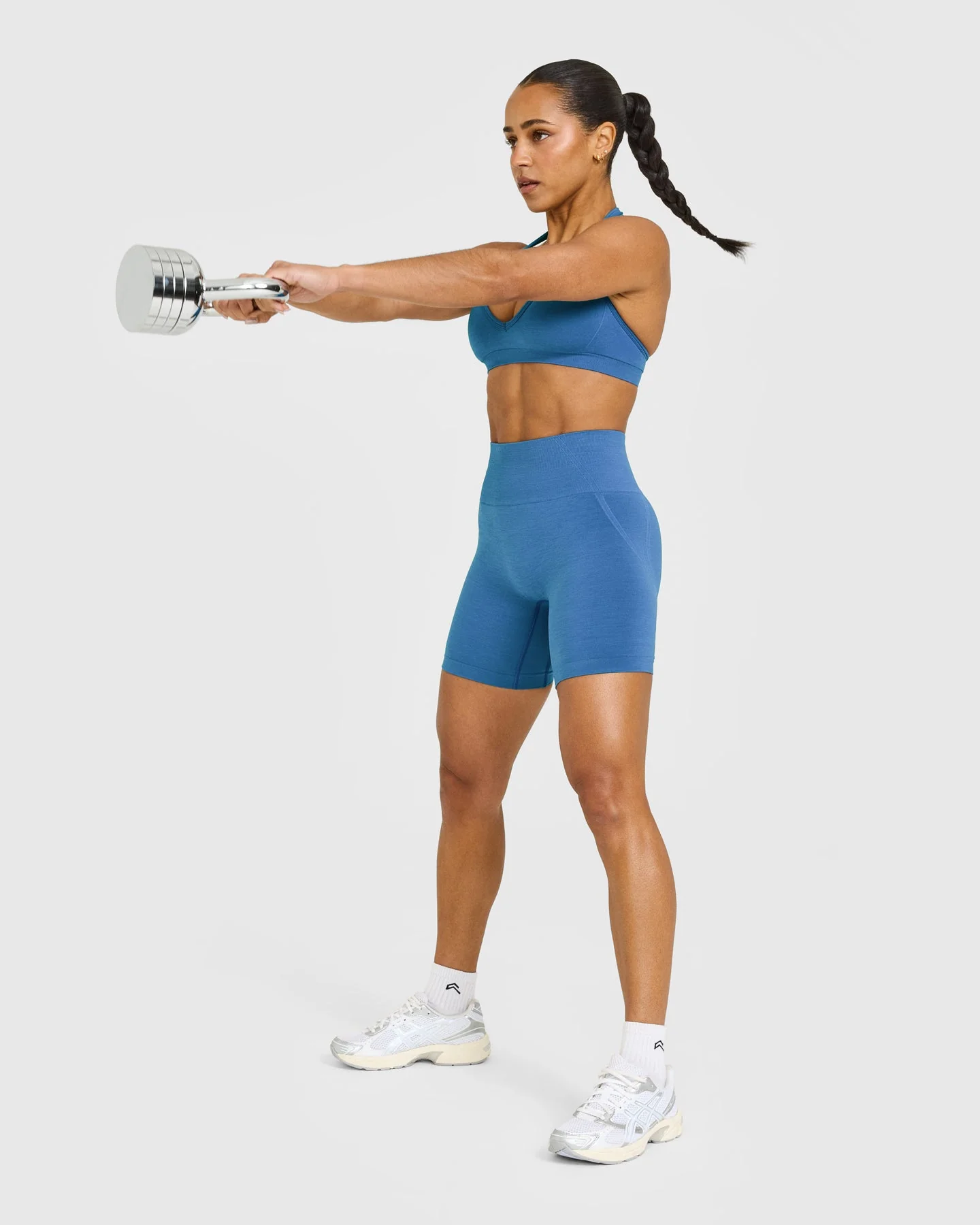 EffortlessLift™ Seamless Halter Neck Sports Bra with White Logo | Ocean Blue - Image 3