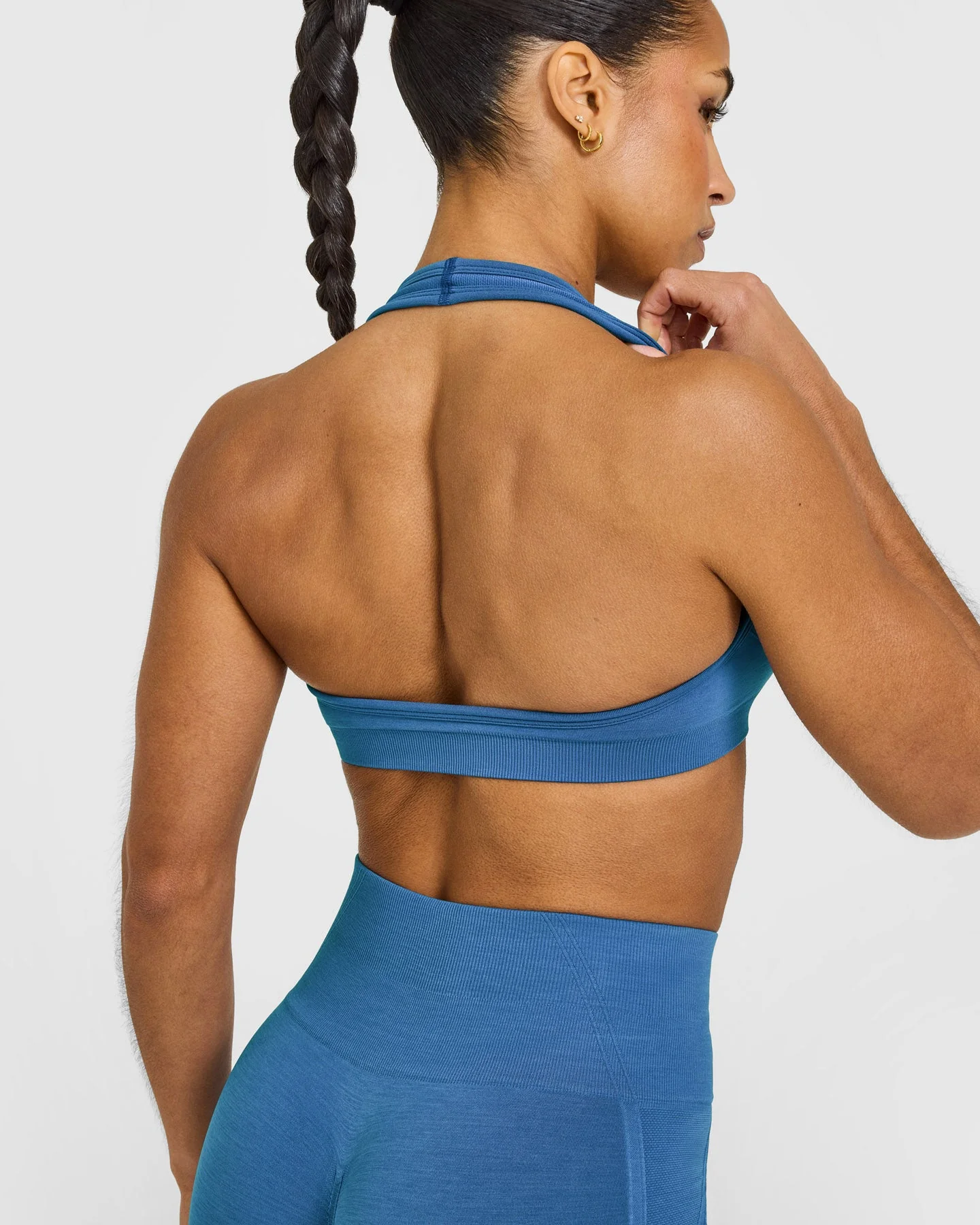 EffortlessLift™ Seamless Halter Neck Sports Bra with White Logo | Ocean Blue - Image 4