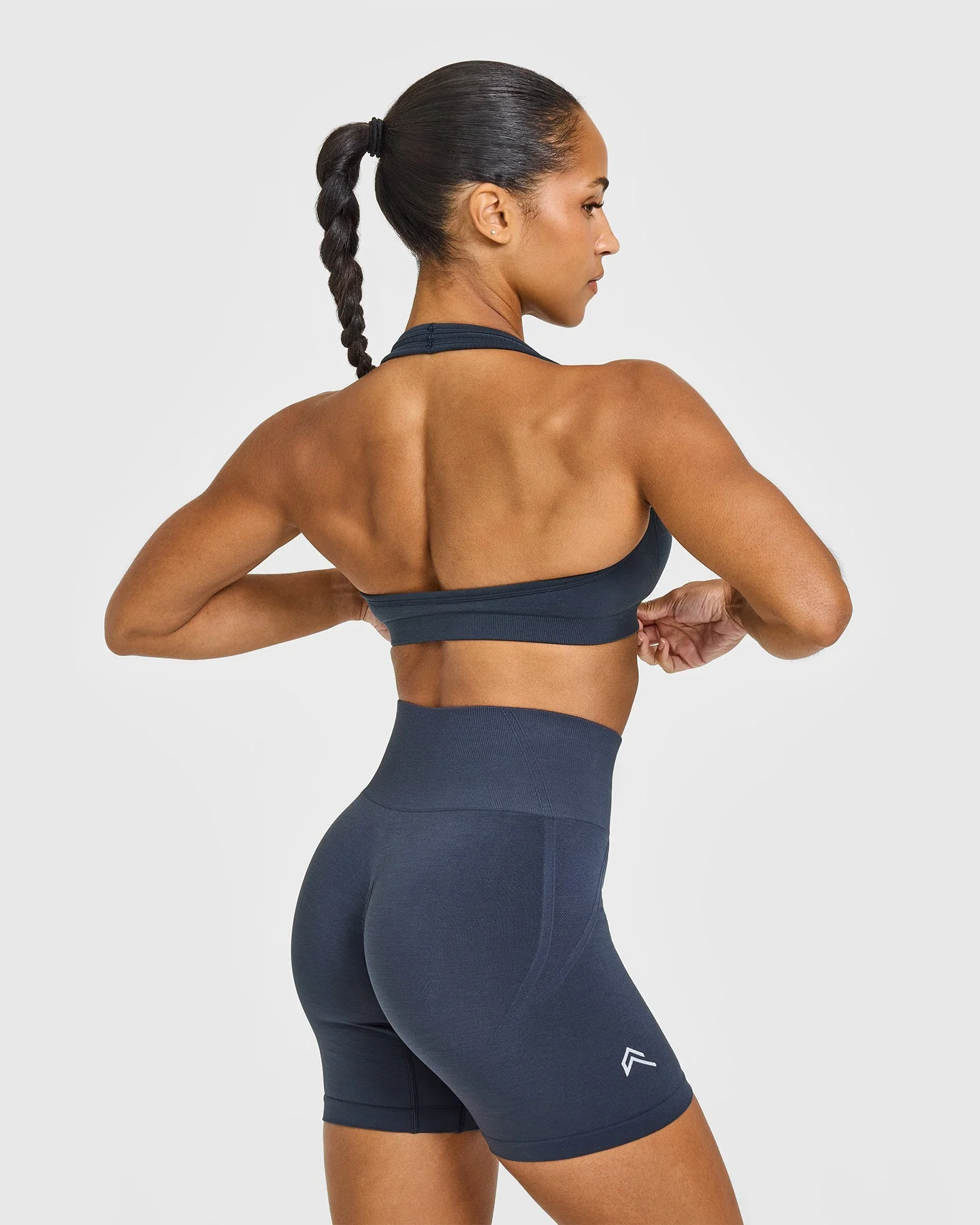 EffortlessLift™ Seamless Halter Neck Sports Bra with White Logo | True Blue - Image 5