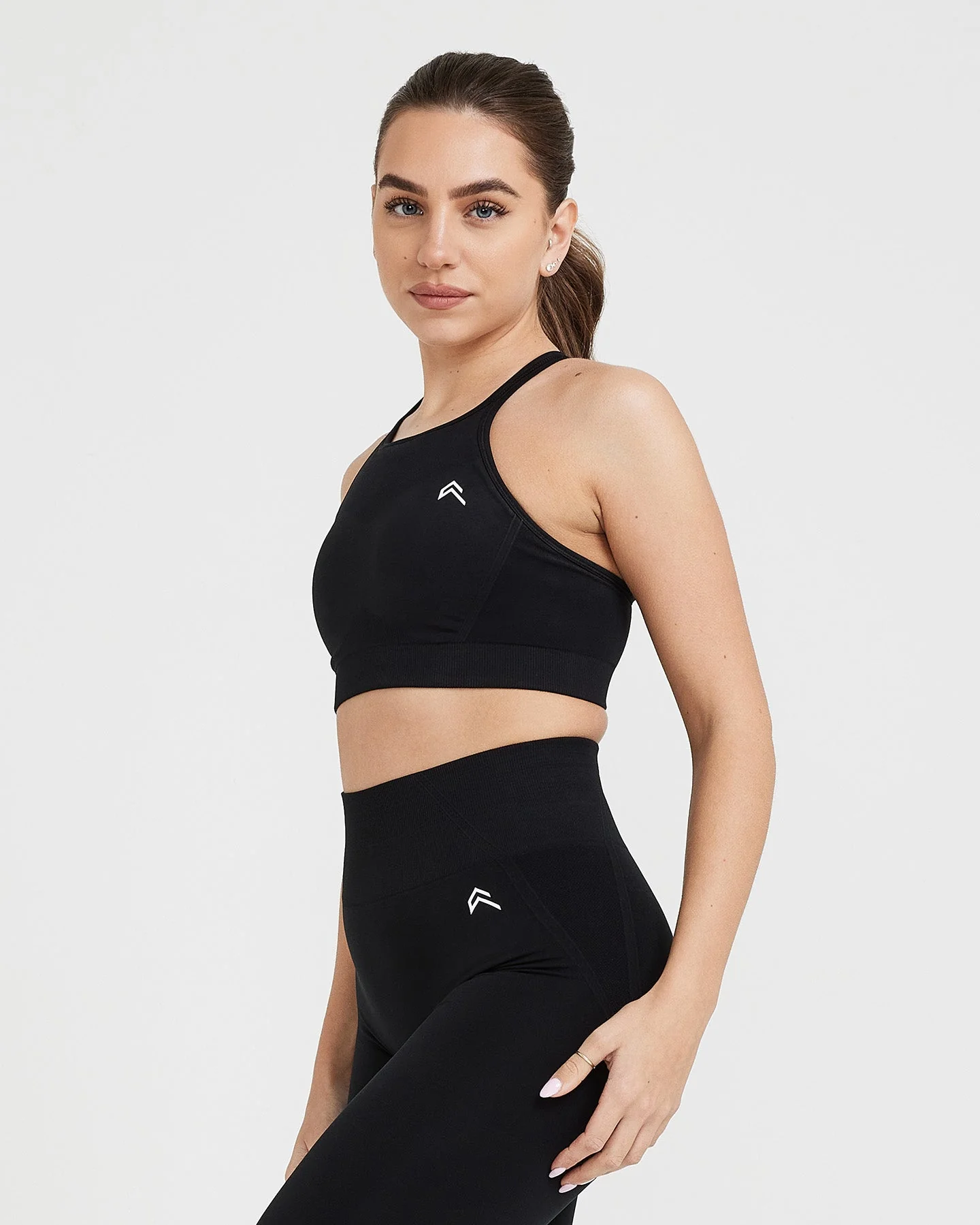 EffortlessLift™ Seamless High Neck Bralette with White Logo | Black - Image 2