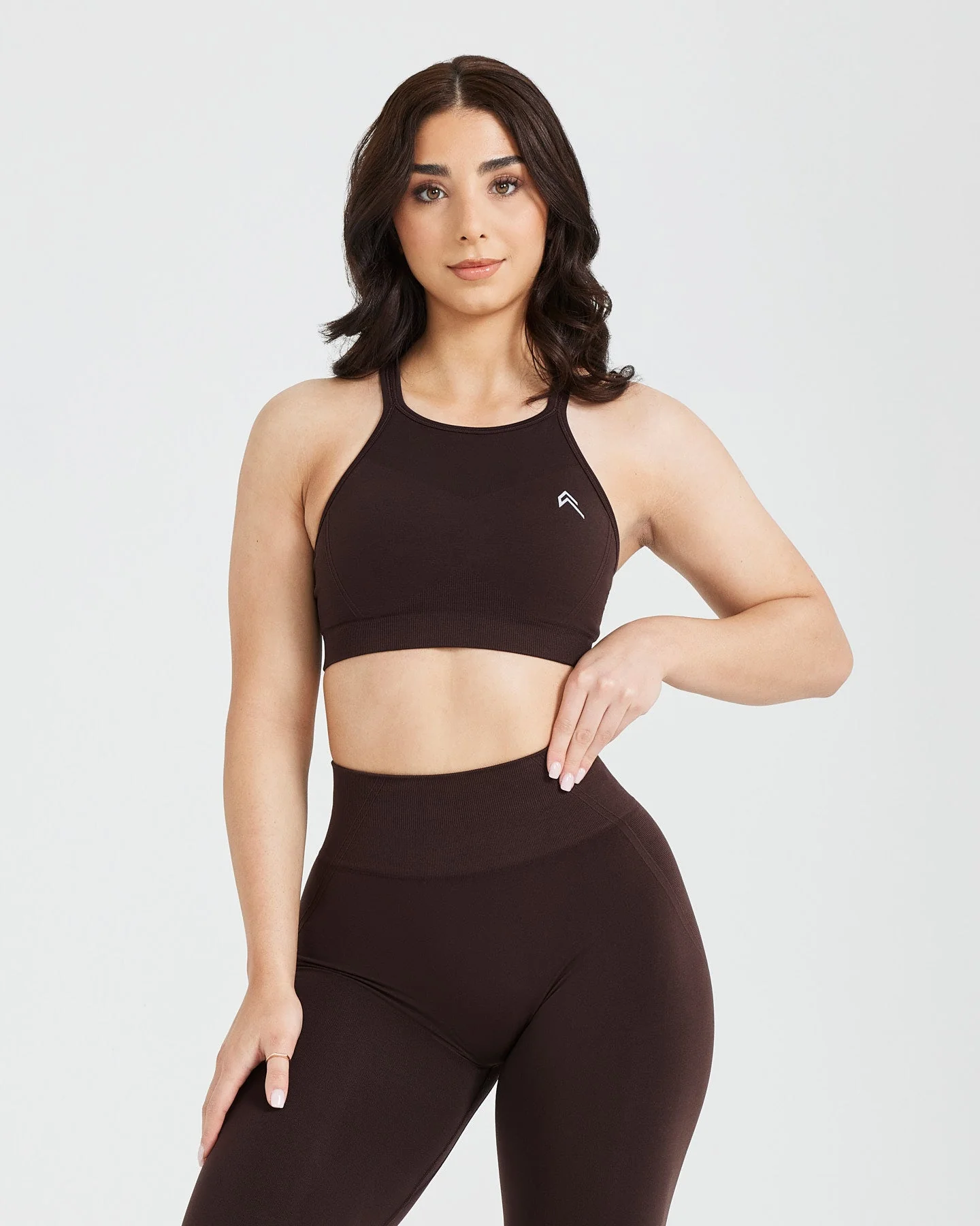 EffortlessLift™ Seamless High Neck Bralette with White Logo | 70% Cocoa