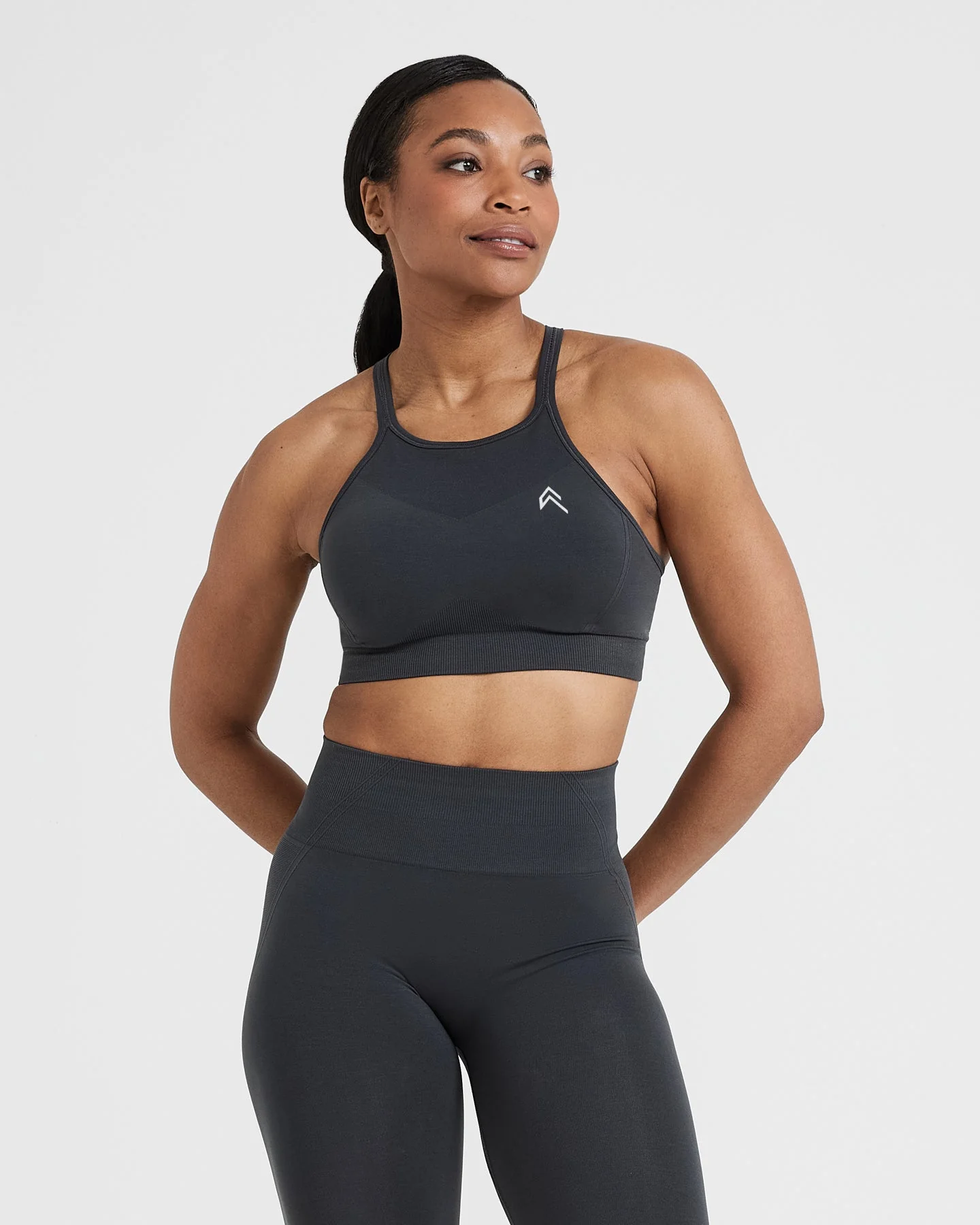 EffortlessLift™ Seamless High Neck Bralette with White Logo | Coal