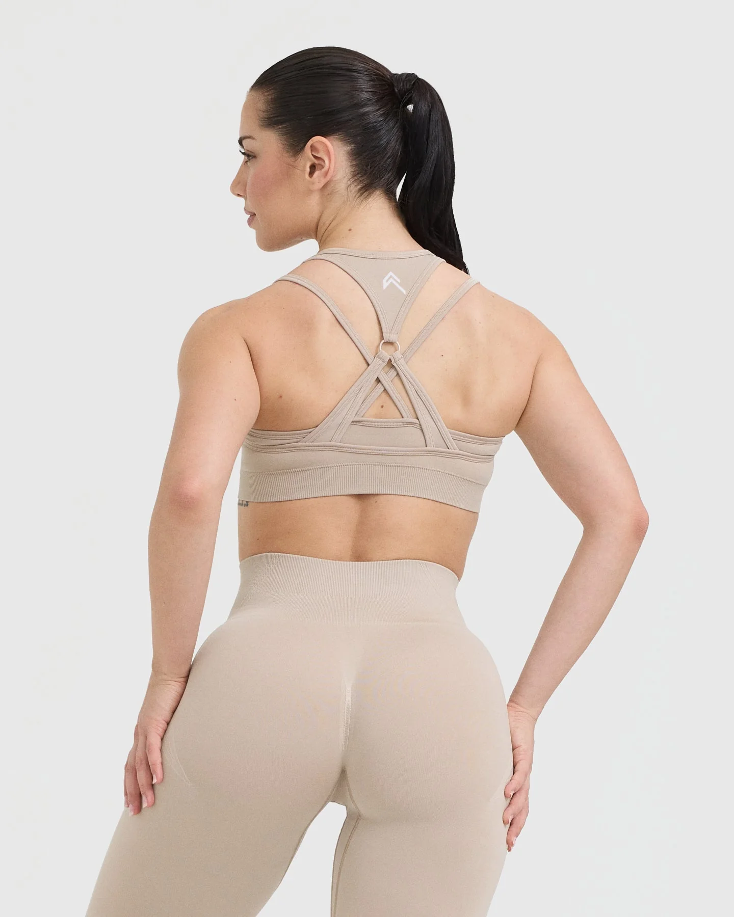 EffortlessLift™ Seamless Layered Sports Bra with White Logo | Mushroom Brown - Image 2