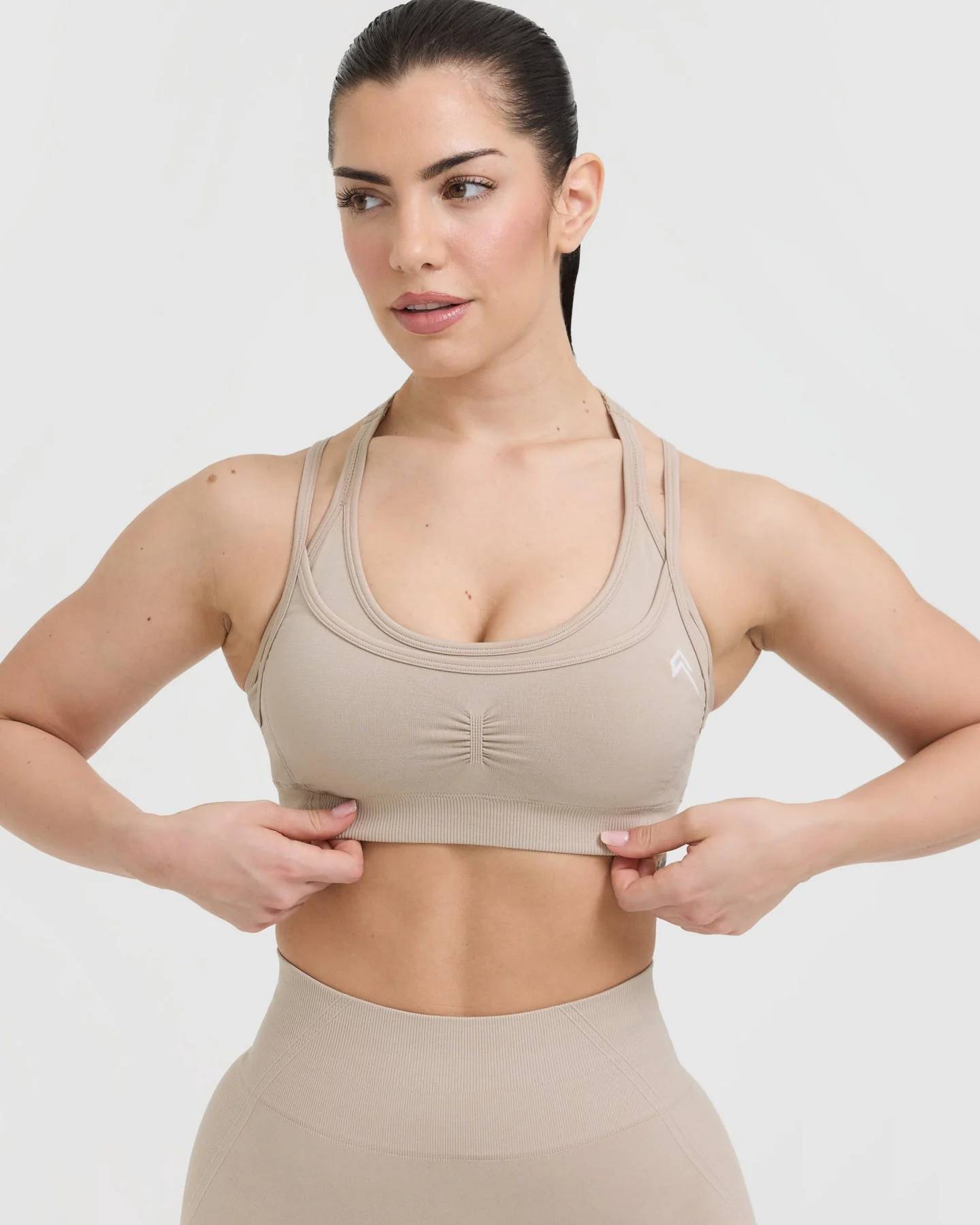 EffortlessLift™ Seamless Layered Sports Bra with White Logo | Mushroom Brown - Image 4