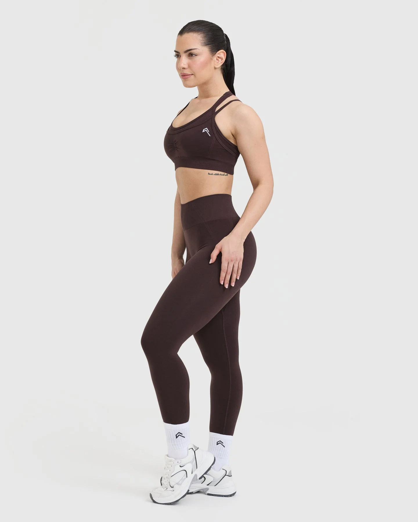 EffortlessLift™ Seamless Layered Sports Bra with White Logo | Plum Brown - Image 3