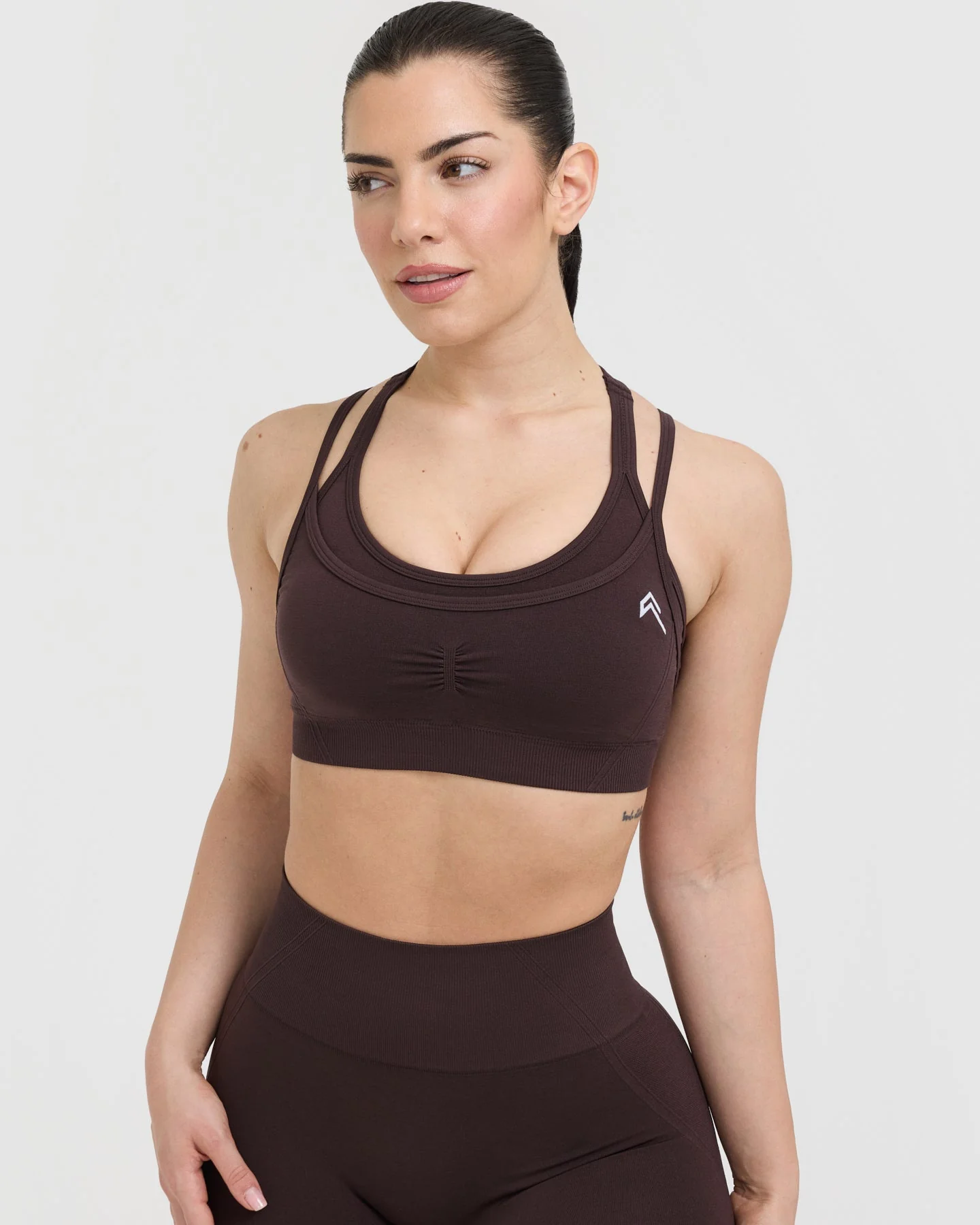 EffortlessLift™ Seamless Layered Sports Bra with White Logo | Plum Brown - Image 4