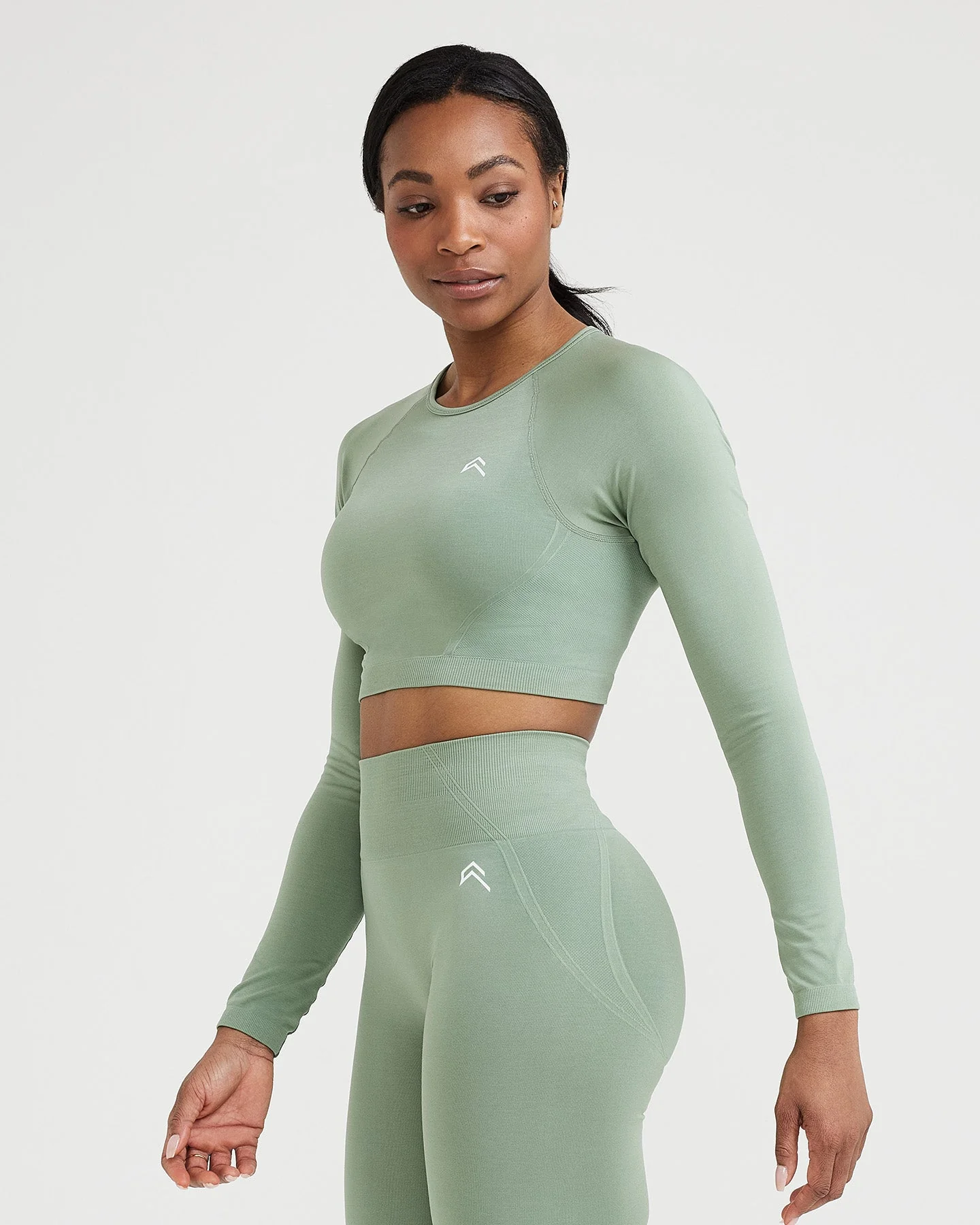 EffortlessLift™ Seamless Long Sleeve Crop Top with White Logo | Sage - Image 2