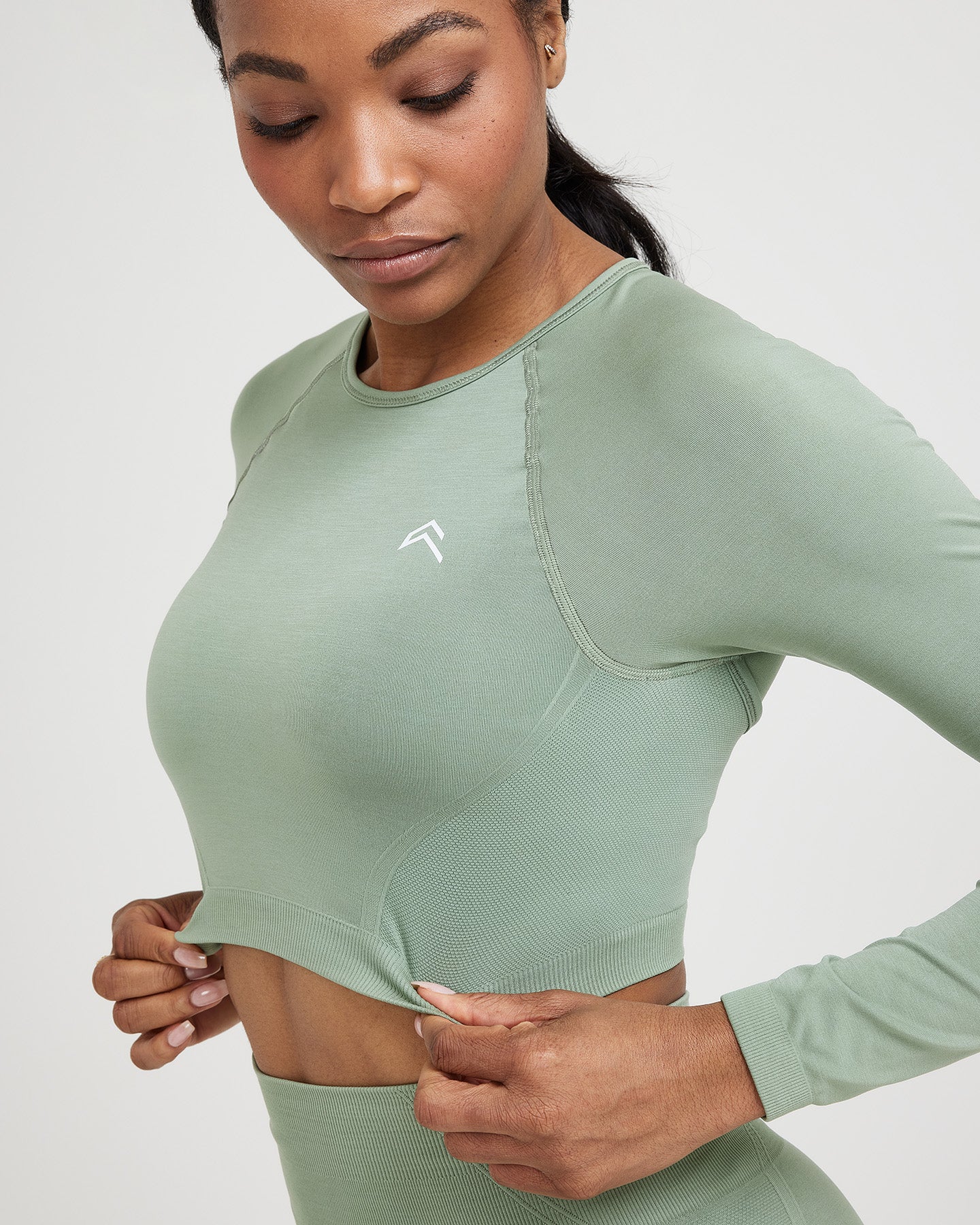 EffortlessLift™ Seamless Long Sleeve Crop Top with White Logo | Sage - Image 3