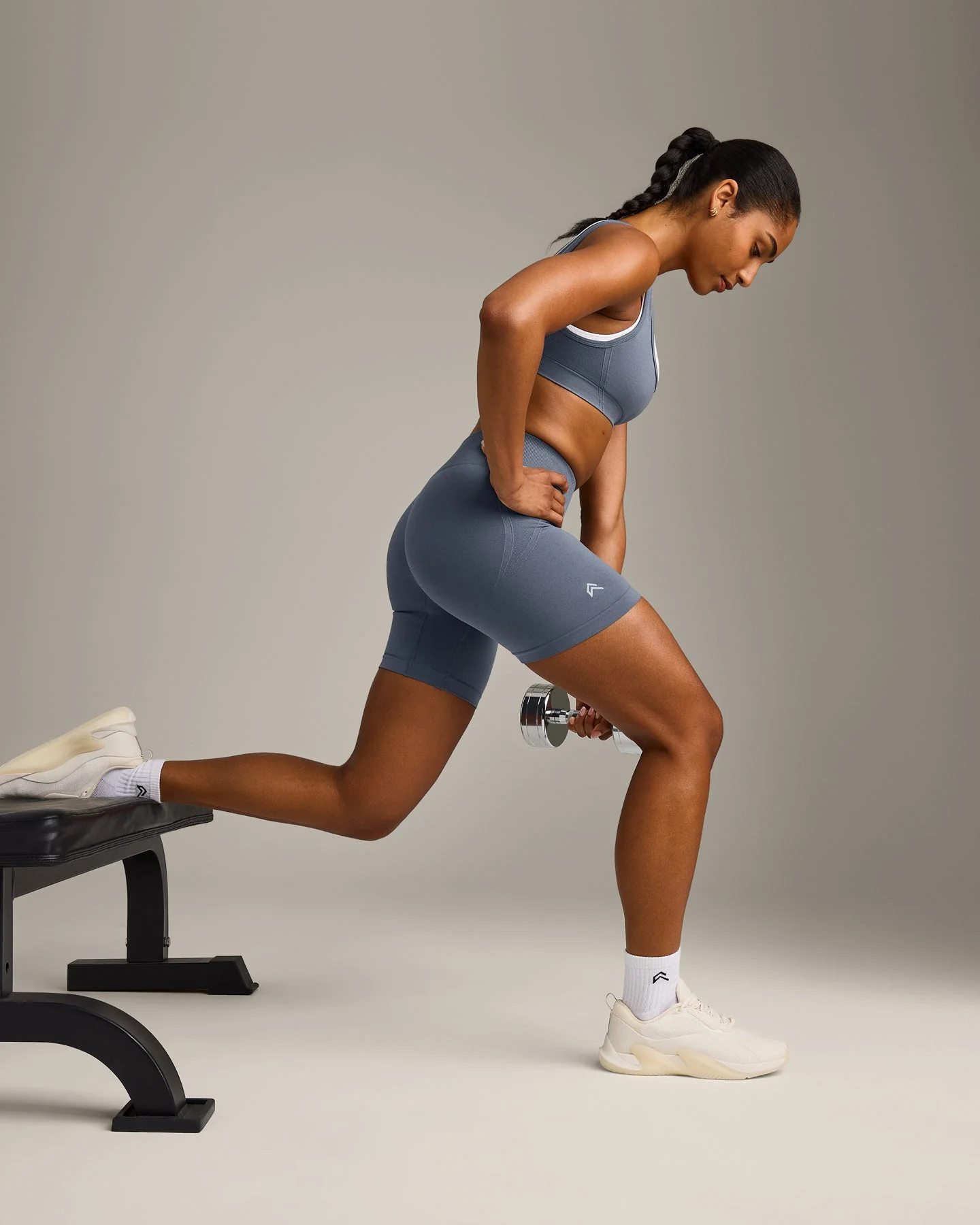 EffortlessLift™ Seamless Mid Rise Shorts with Grey Logo | Light Granite Blue - Image 3