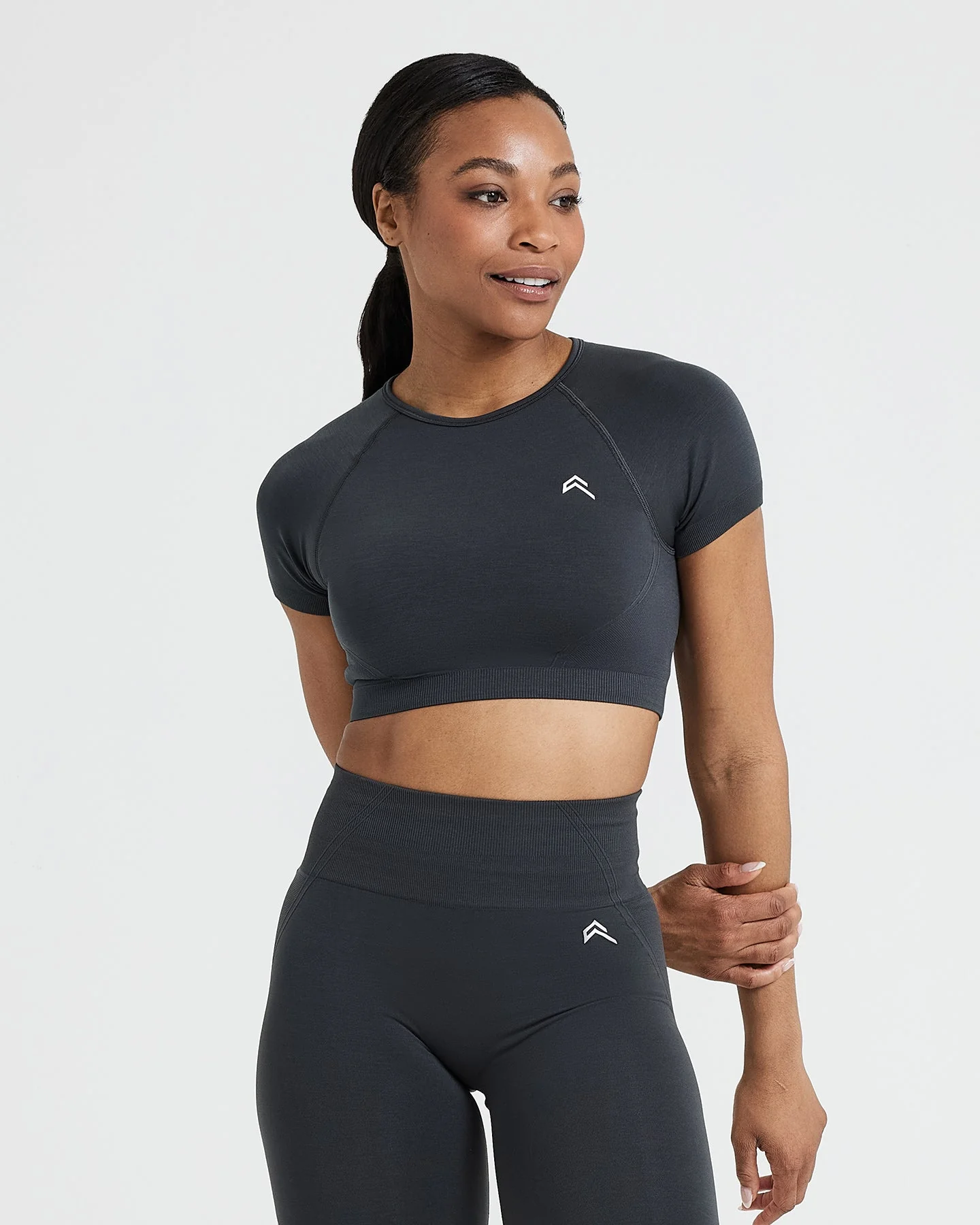 EffortlessLift™ Seamless Short Sleeve Crop Top with White Logo | Coal