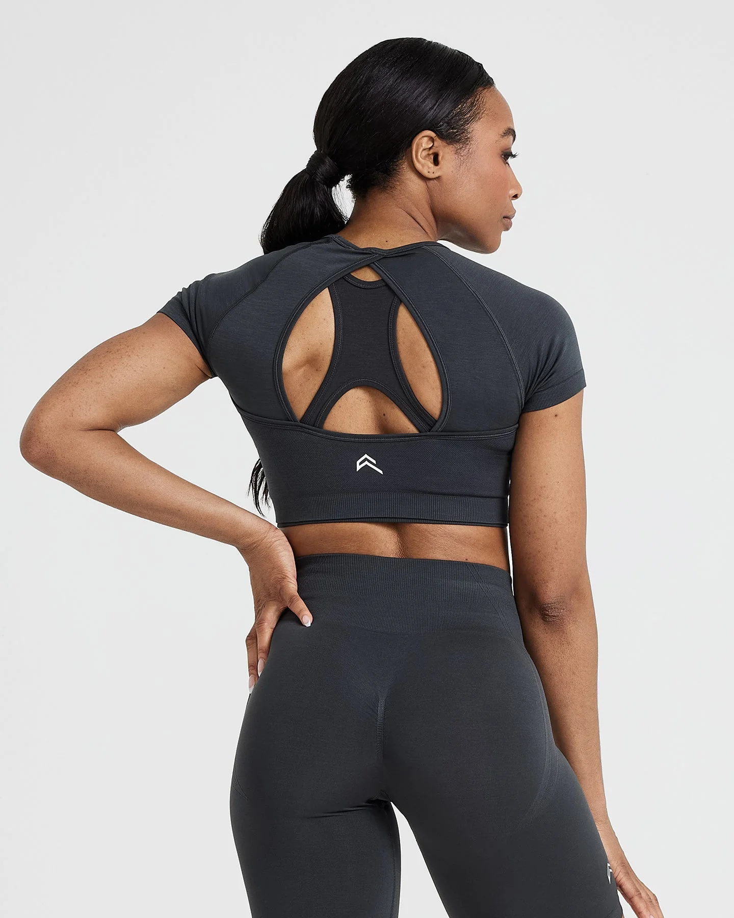 EffortlessLift™ Seamless Short Sleeve Crop Top with White Logo | Coal - Image 2