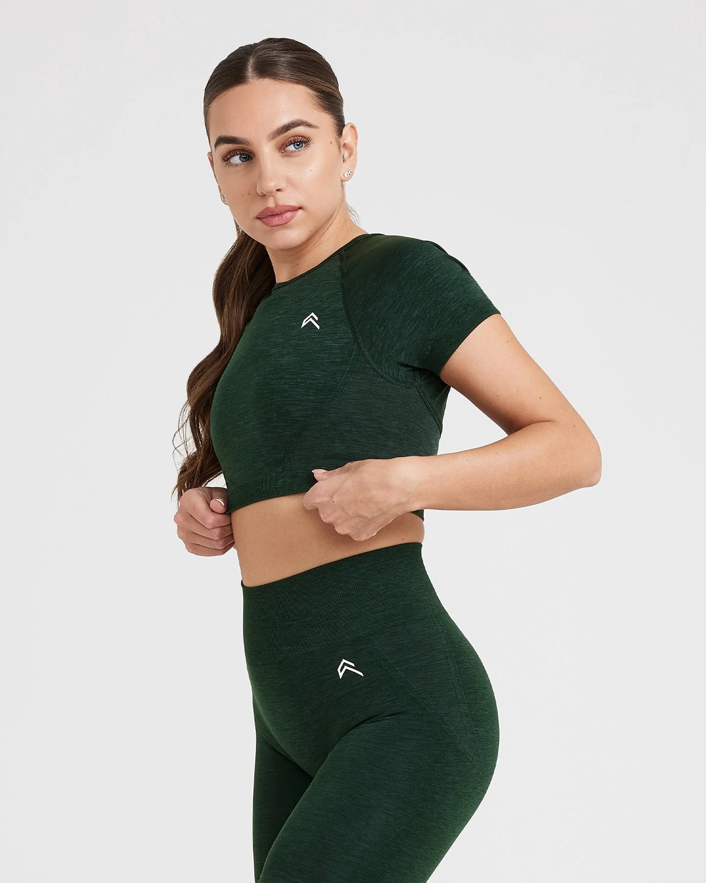 EffortlessLift™ Seamless Short Sleeve Crop Top with White Logo | Evergreen - Image 3