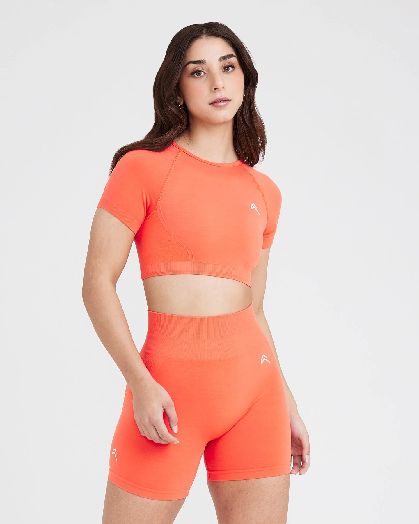 EffortlessLift™ Seamless Short Sleeve Crop Top with White Logo | Peach Blossom