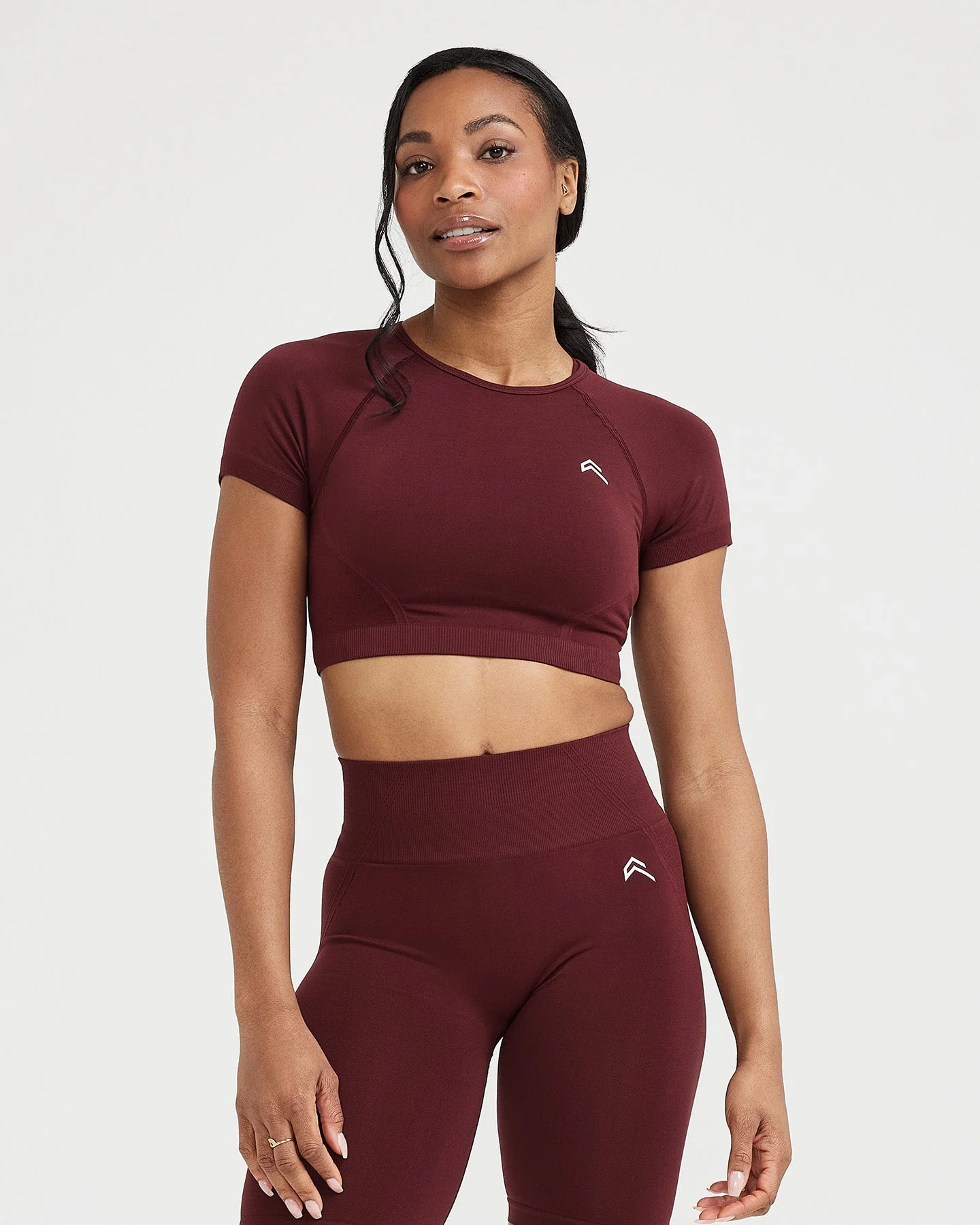 EffortlessLift™ Seamless Short Sleeve Crop Top with White Logo | Rosewood