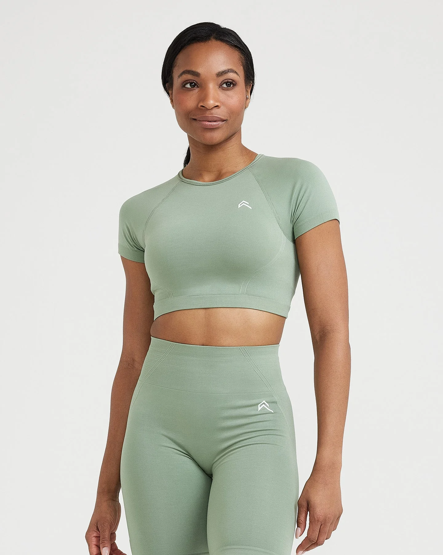 EffortlessLift™ Seamless Short Sleeve Crop Top with White Logo | Sage