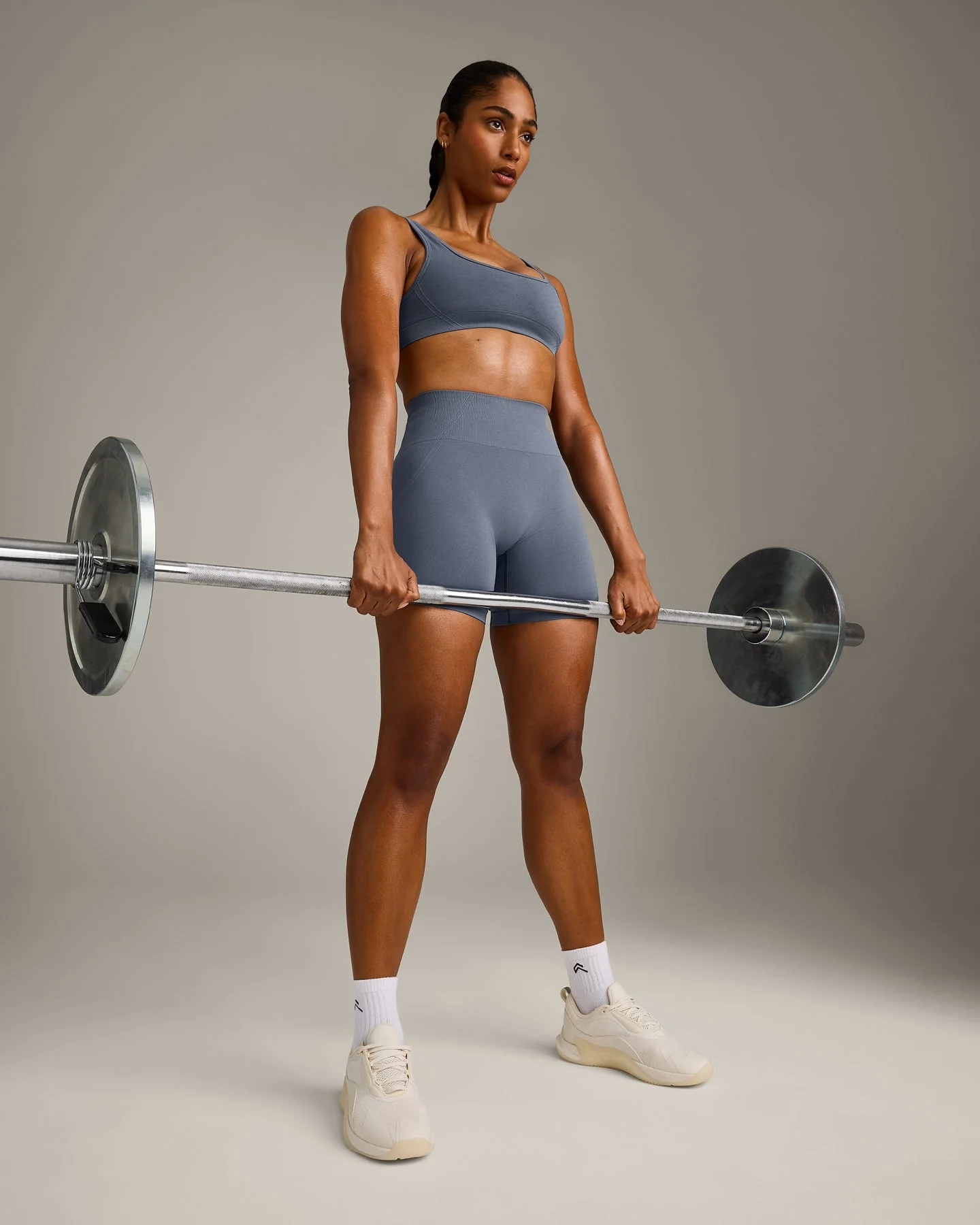 EffortlessLift™ Seamless Shorts with Grey Logo | Light Granite Blue - Image 3
