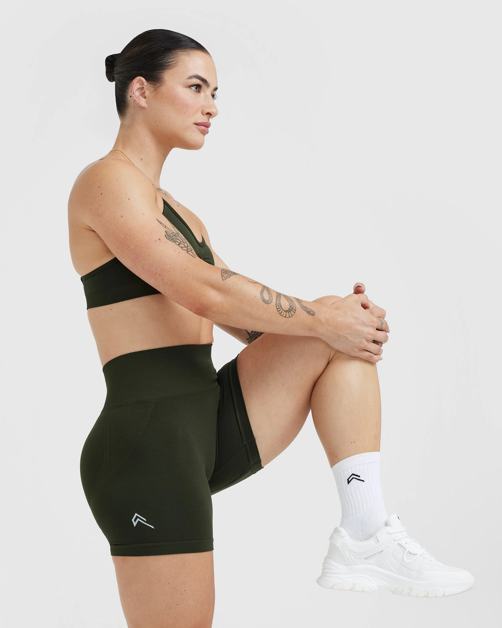 EffortlessLift™ Seamless Shorts with White Logo | Khaki - Image 6