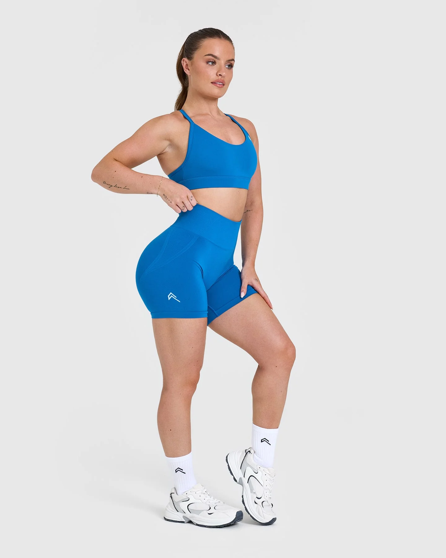 EffortlessLift™ Seamless Shorts with White Logo | Retro Blue - Image 3