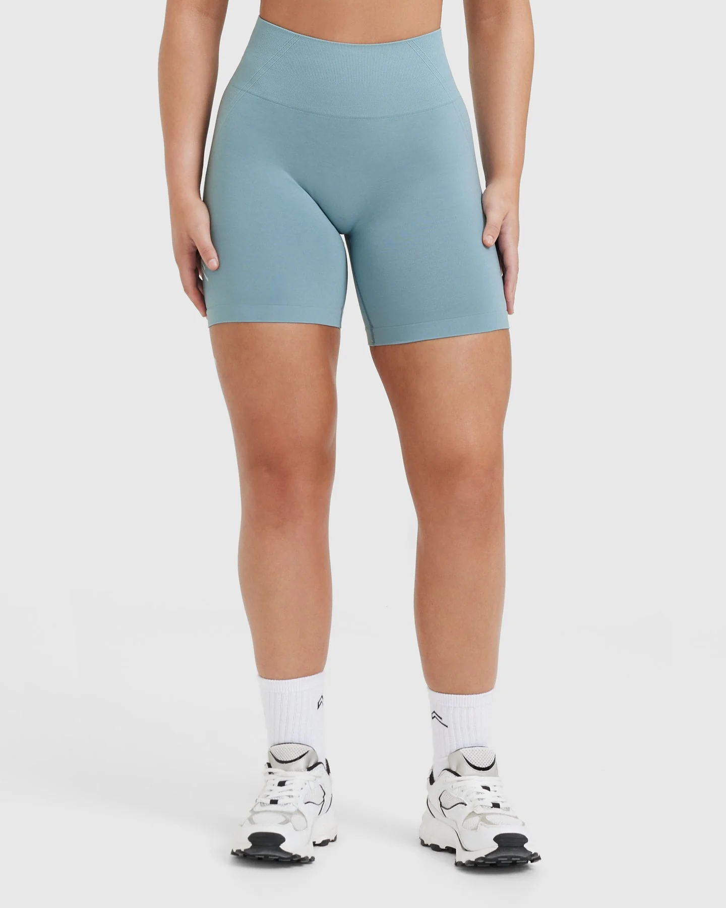 EffortlessLift™ Seamless Shorts with White Logo | Steel Blue