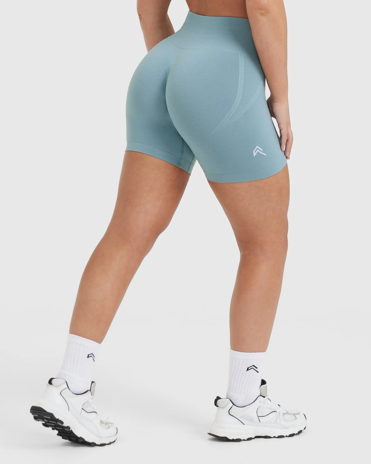 EffortlessLift™ Seamless Shorts with White Logo | Steel Blue - Image 2