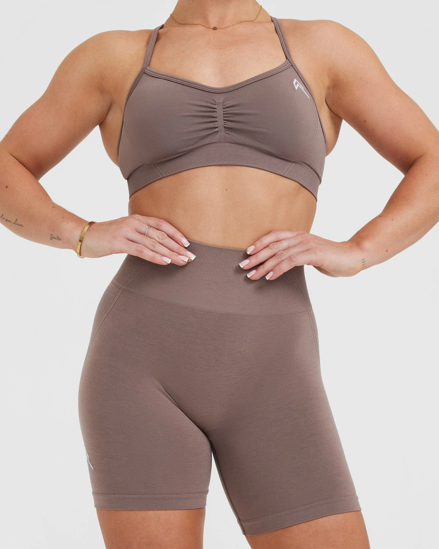 EffortlessLift™ Seamless Shorts with White Logo | Washed Cool Brown - Image 4