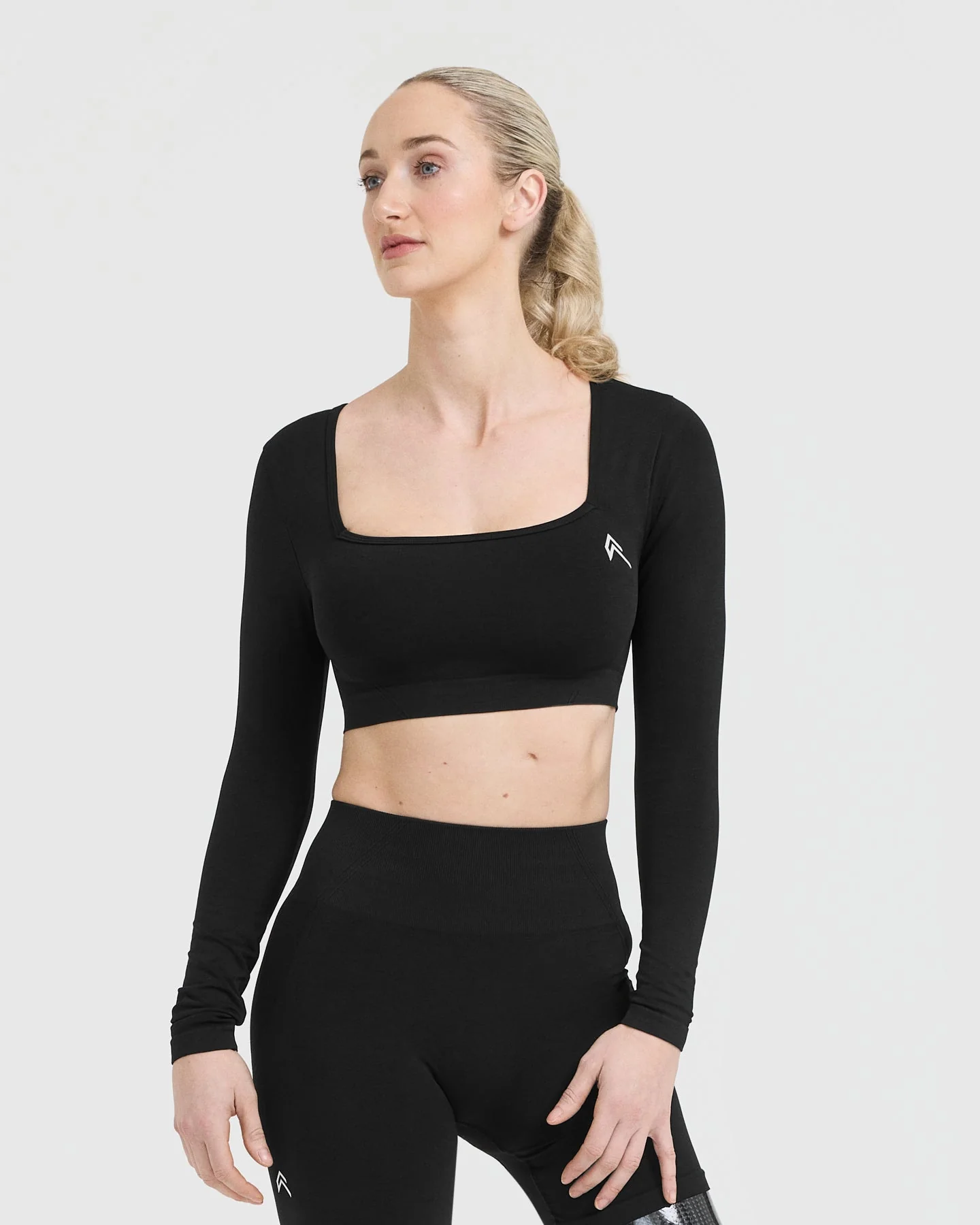 EffortlessLift™ Square Neck Crop Long Sleeve Top with White Logo | Black