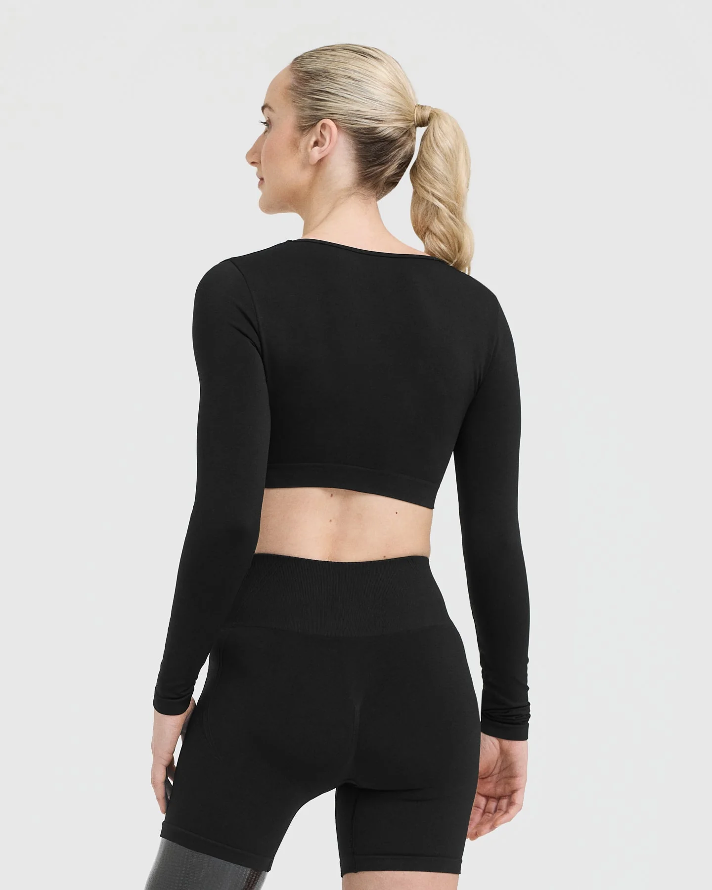EffortlessLift™ Square Neck Crop Long Sleeve Top with White Logo | Black - Image 2