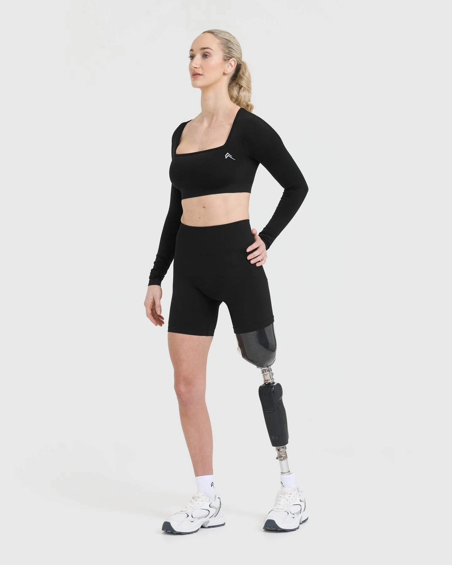 EffortlessLift™ Square Neck Crop Long Sleeve Top with White Logo | Black - Image 3