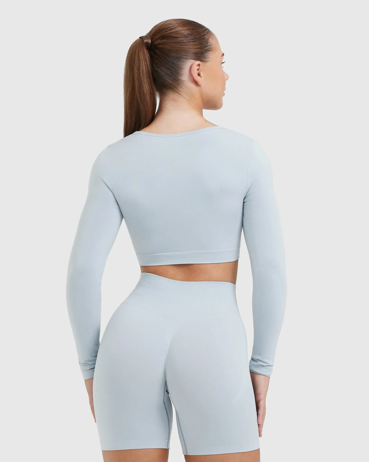 EffortlessLift™ Square Neck Crop Long Sleeve Top with White Logo | Ice Blue - Image 2