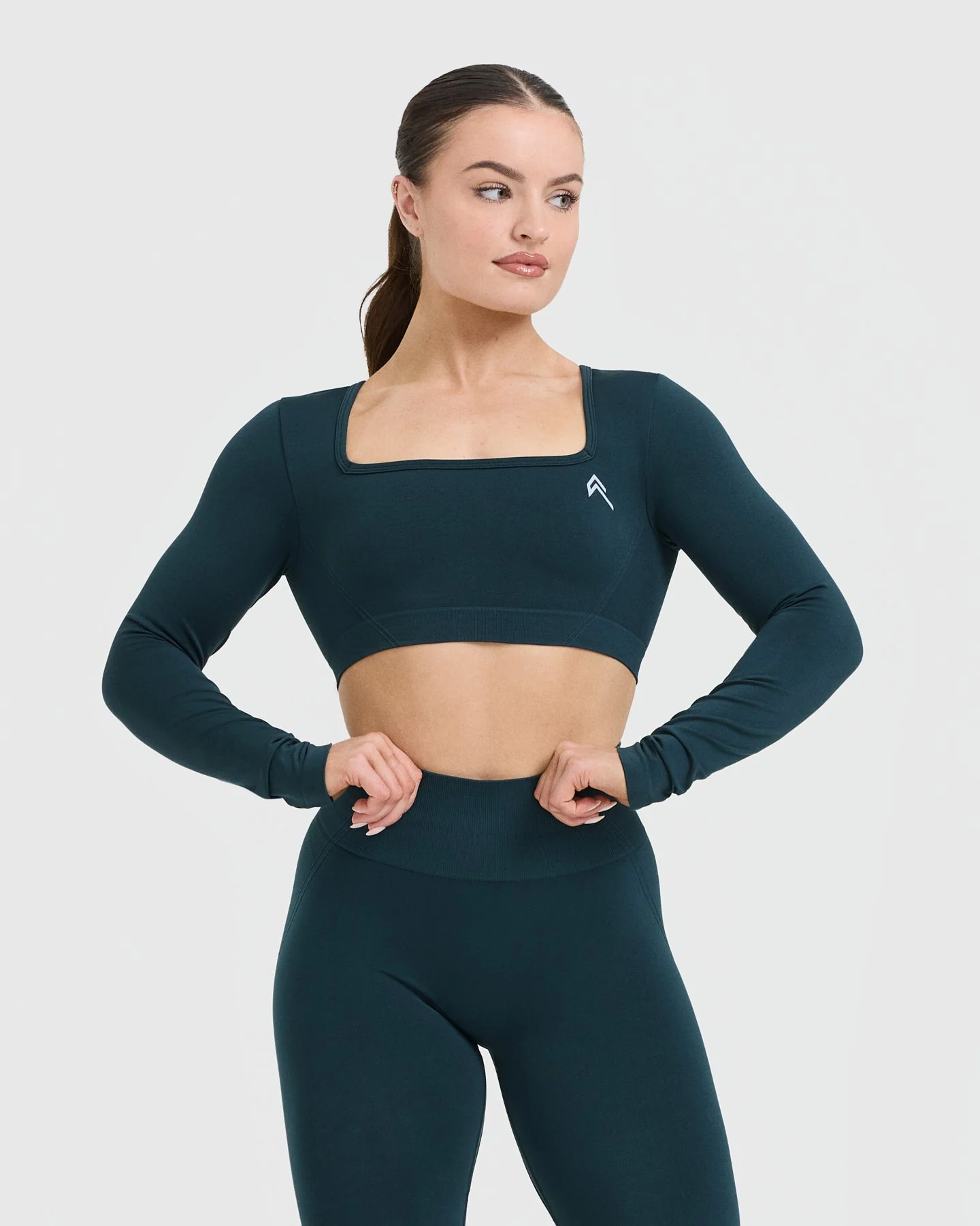 EffortlessLift™ Square Neck Crop Long Sleeve Top with White Logo | Oil Blue