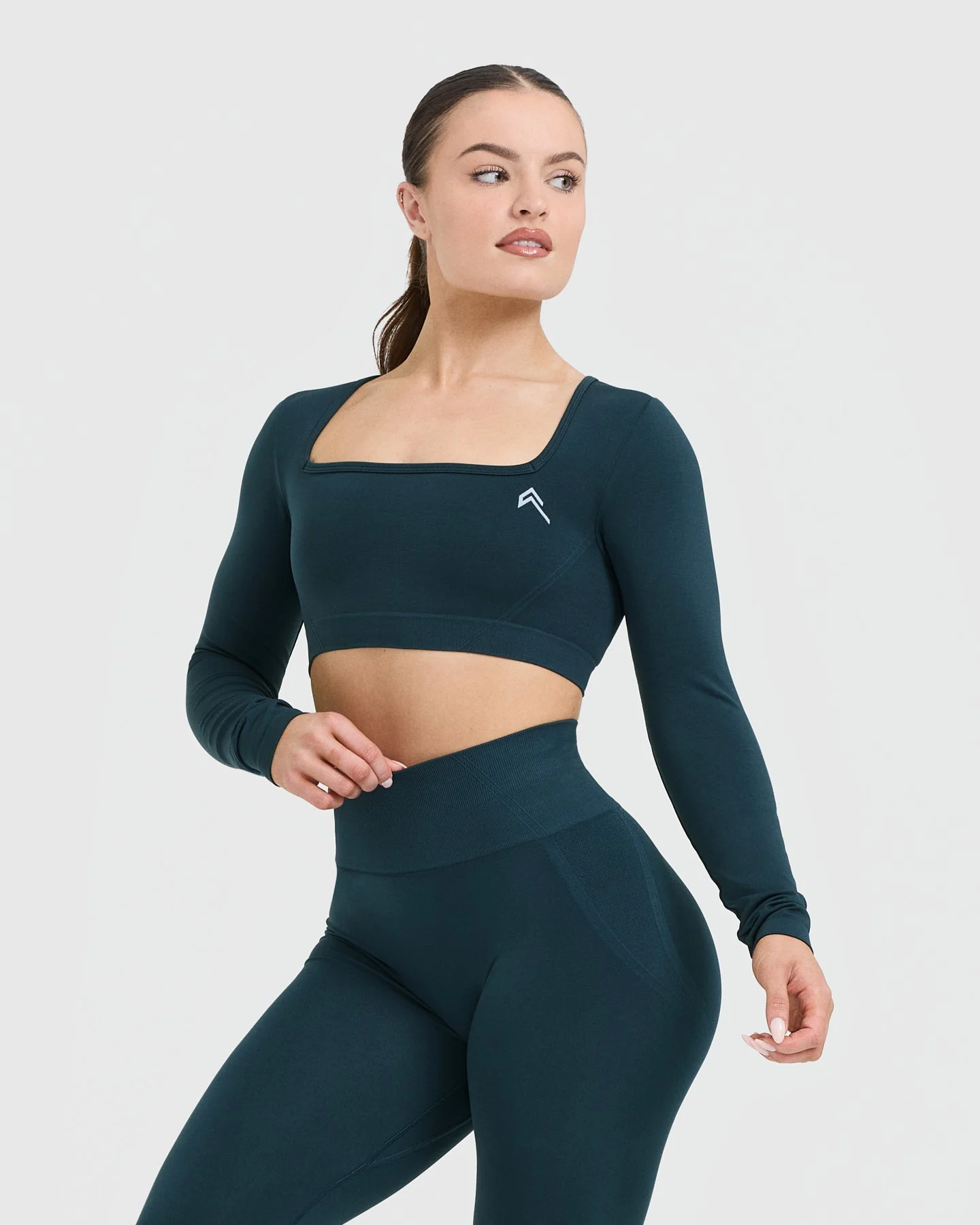 EffortlessLift™ Square Neck Crop Long Sleeve Top with White Logo | Oil Blue - Image 3