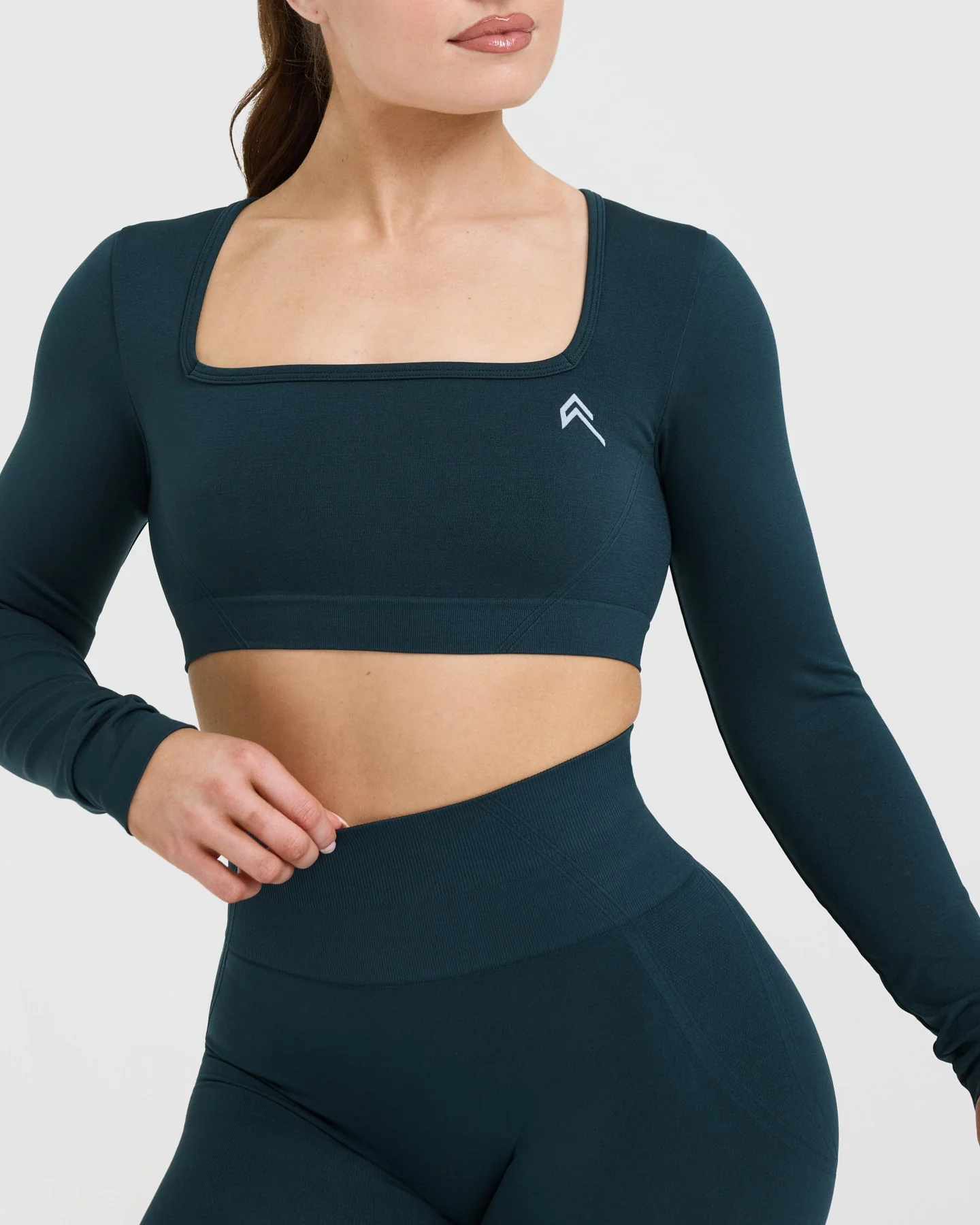 EffortlessLift™ Square Neck Crop Long Sleeve Top with White Logo | Oil Blue - Image 4