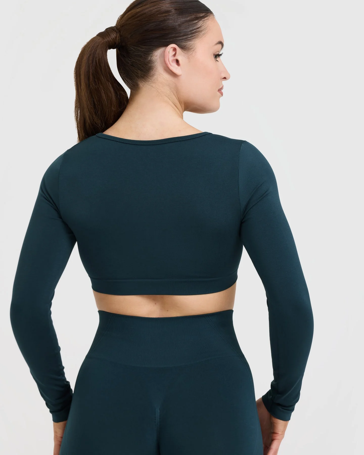 EffortlessLift™ Square Neck Crop Long Sleeve Top with White Logo | Oil Blue - Image 5