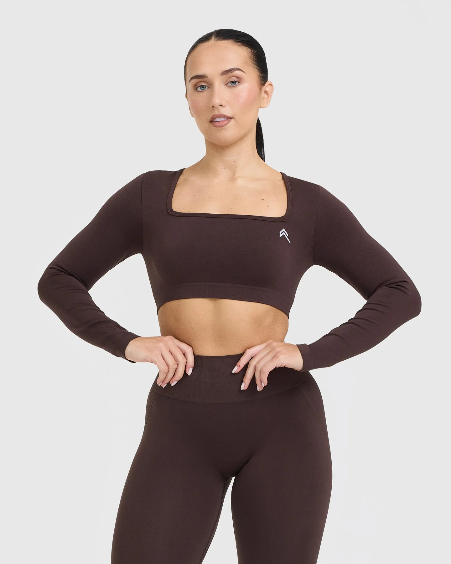EffortlessLift™ Square Neck Crop Long Sleeve Top with White Logo | Plum Brown