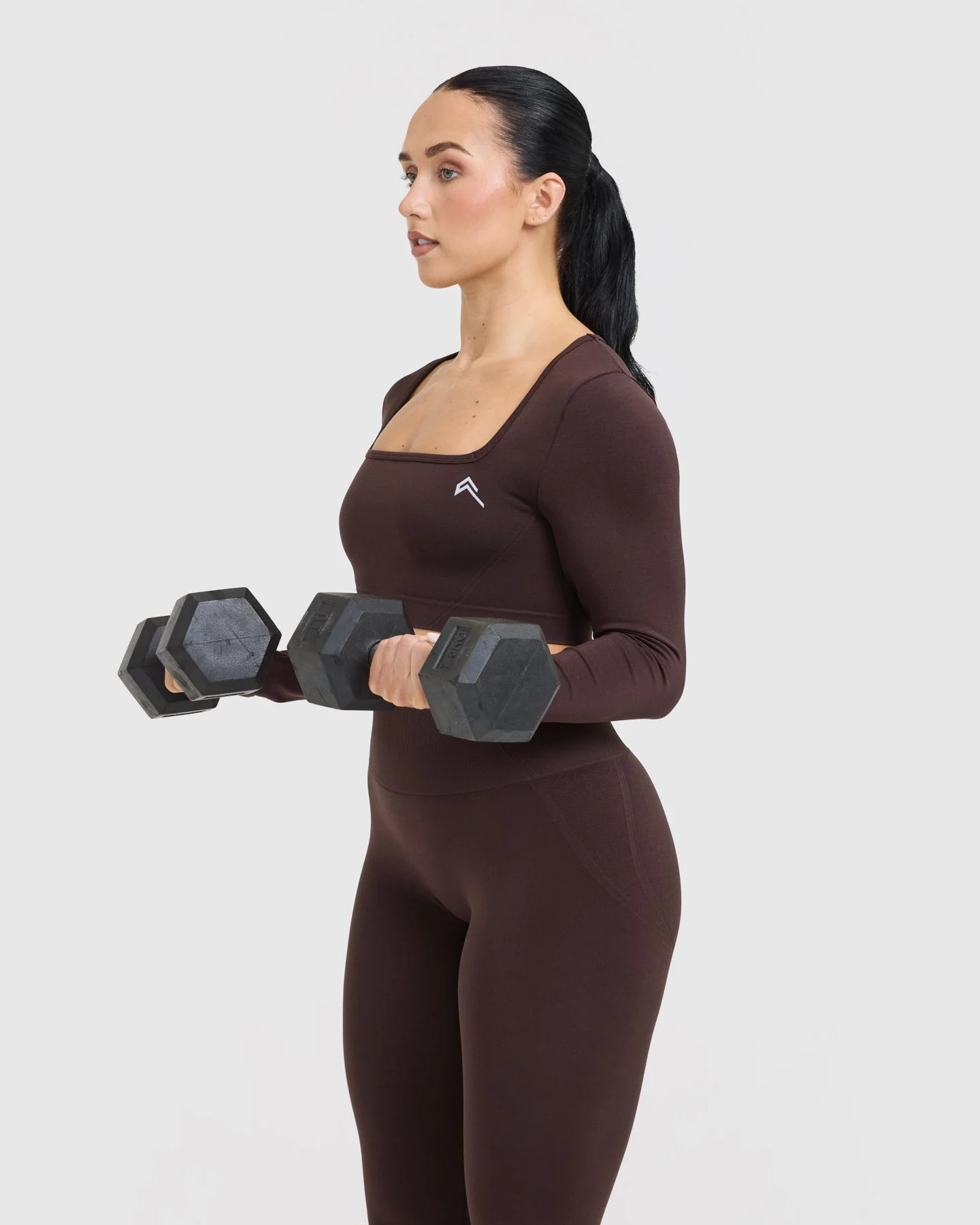 EffortlessLift™ Square Neck Crop Long Sleeve Top with White Logo | Plum Brown - Image 6