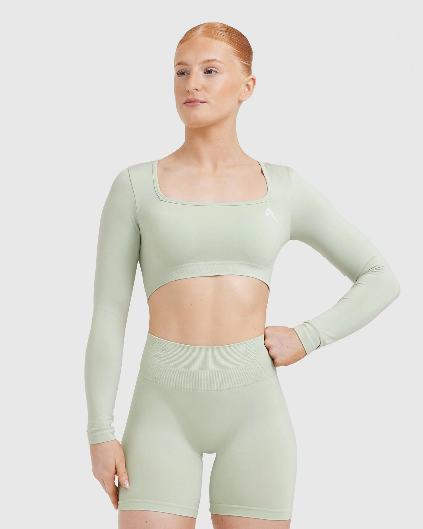EffortlessLift™ Square Neck Crop Long Sleeve Top with White Logo | Tea Green