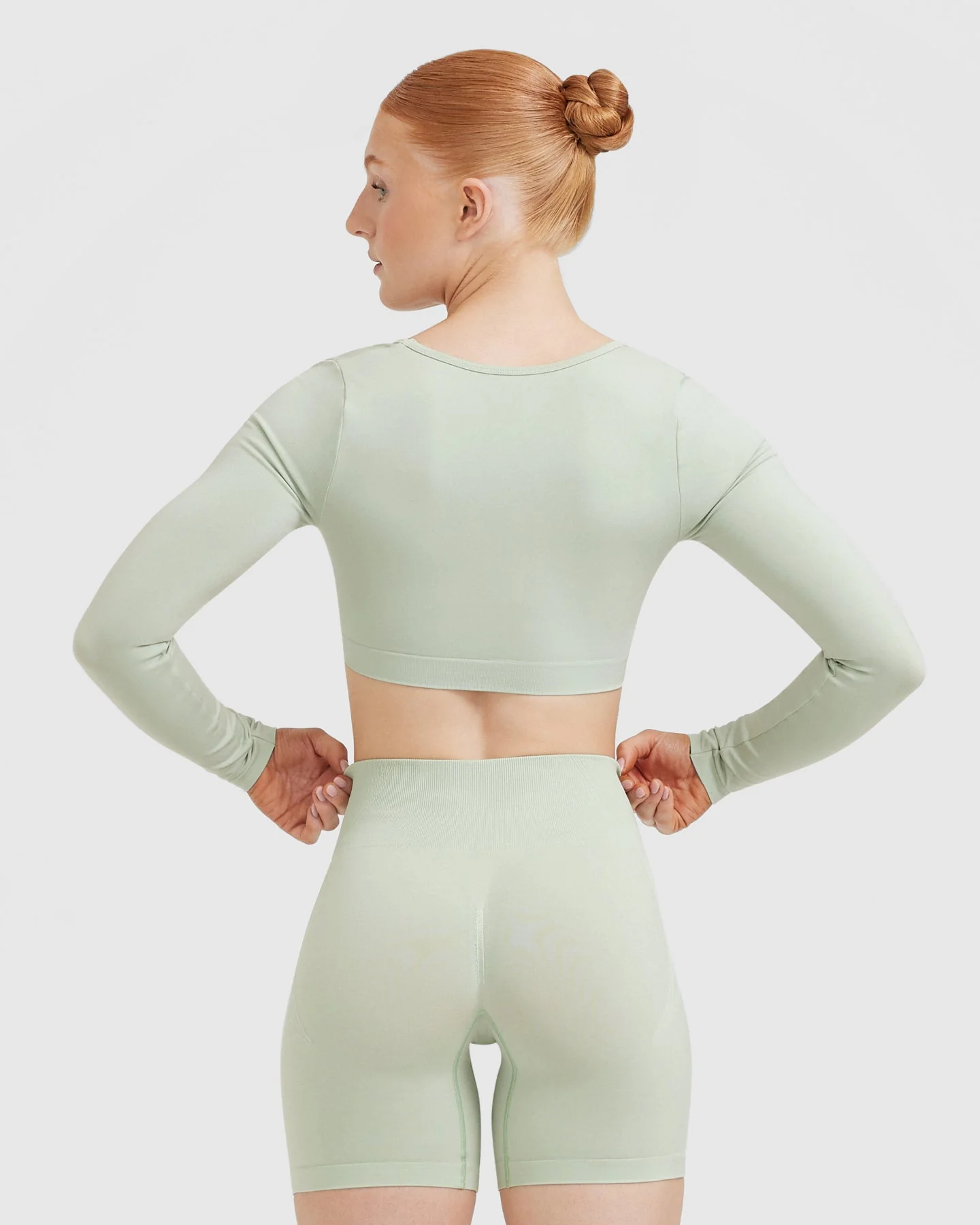 EffortlessLift™ Square Neck Crop Long Sleeve Top with White Logo | Tea Green - Image 2