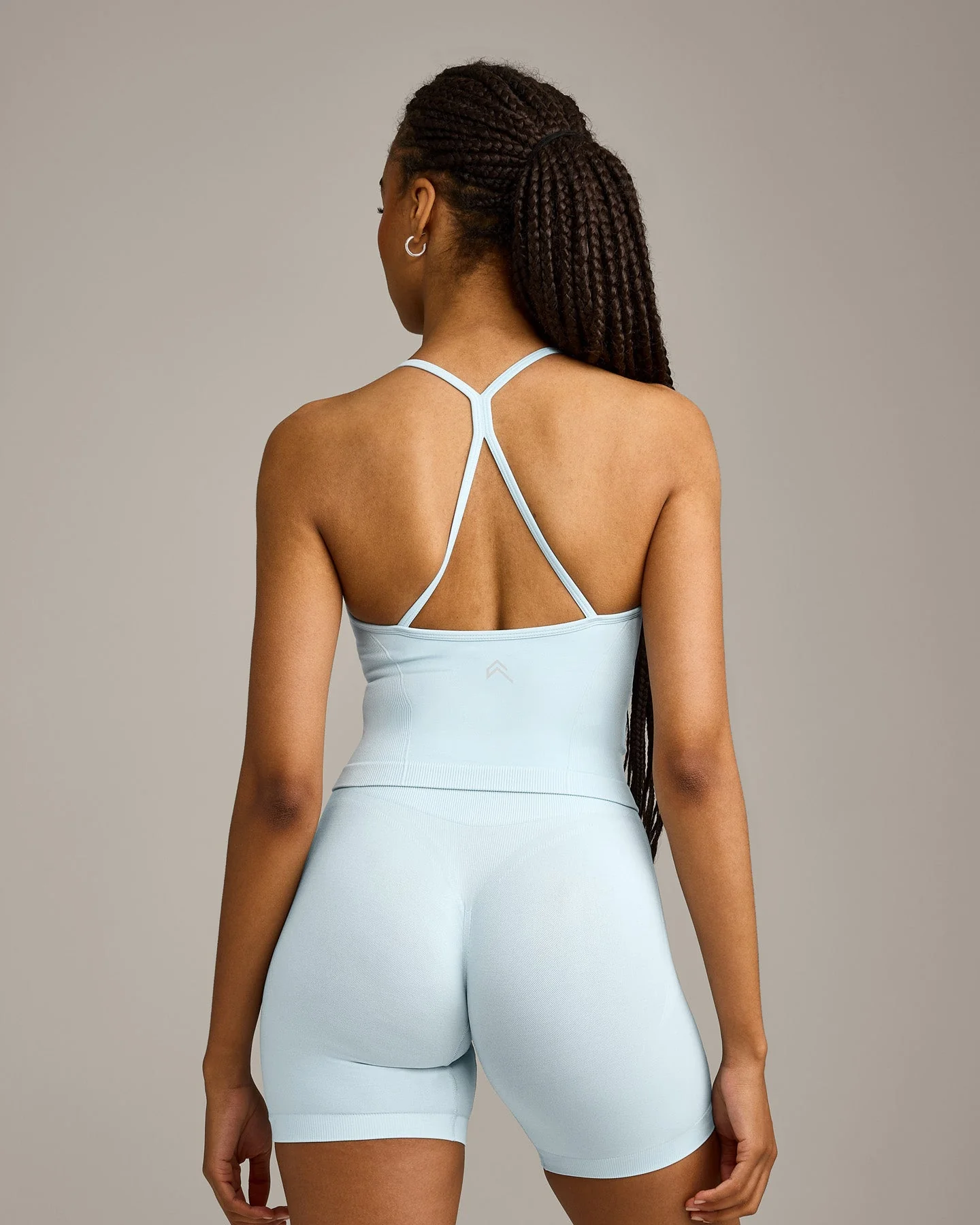 EnhanceLift™ Seamless Strappy Racer Vest with Built in Bra Shelf with Grey Logo | Cloud Blue - Image 6