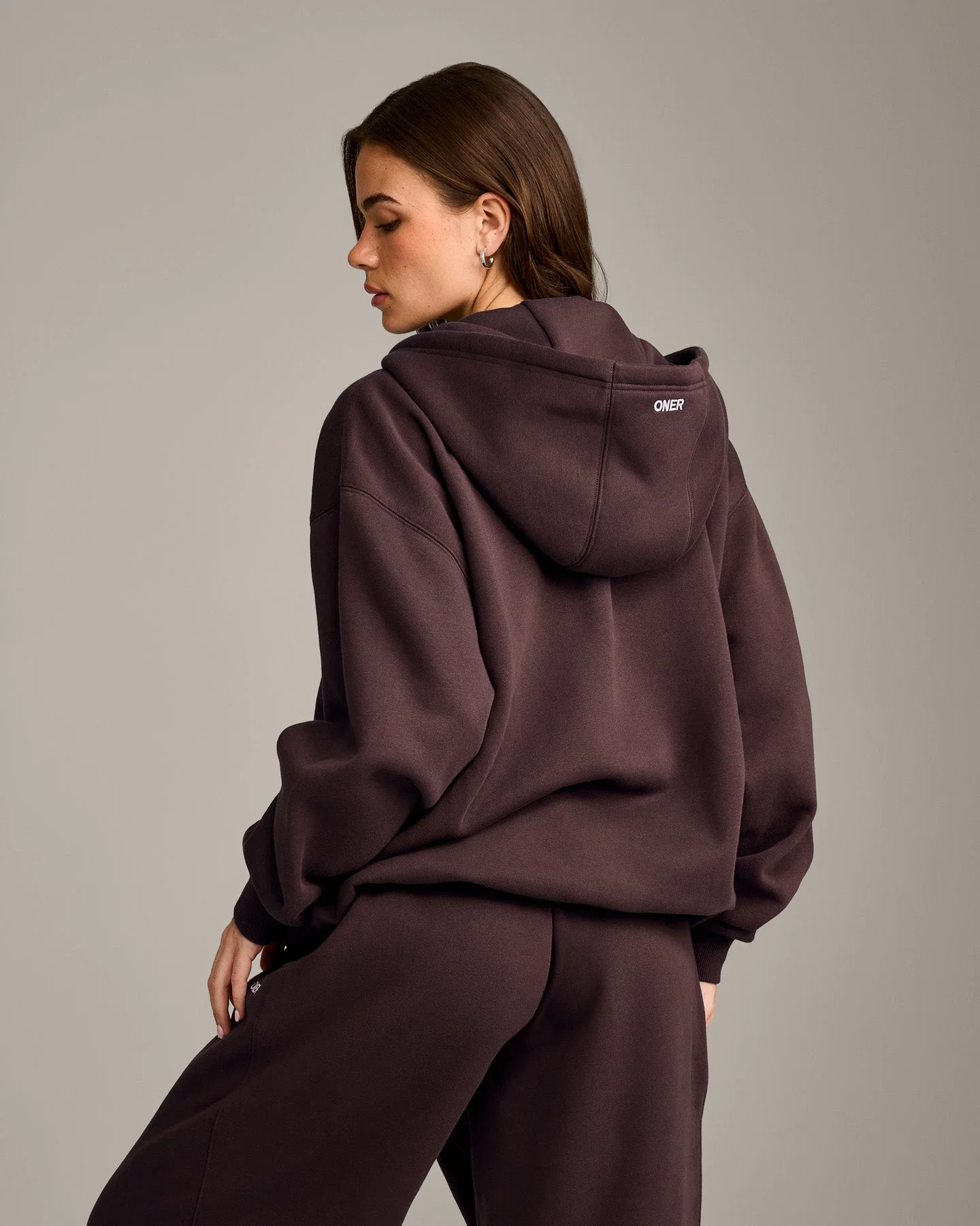 Foundations Cosy Oversized Zip Through Hoodie | Plum Brown - Image 2