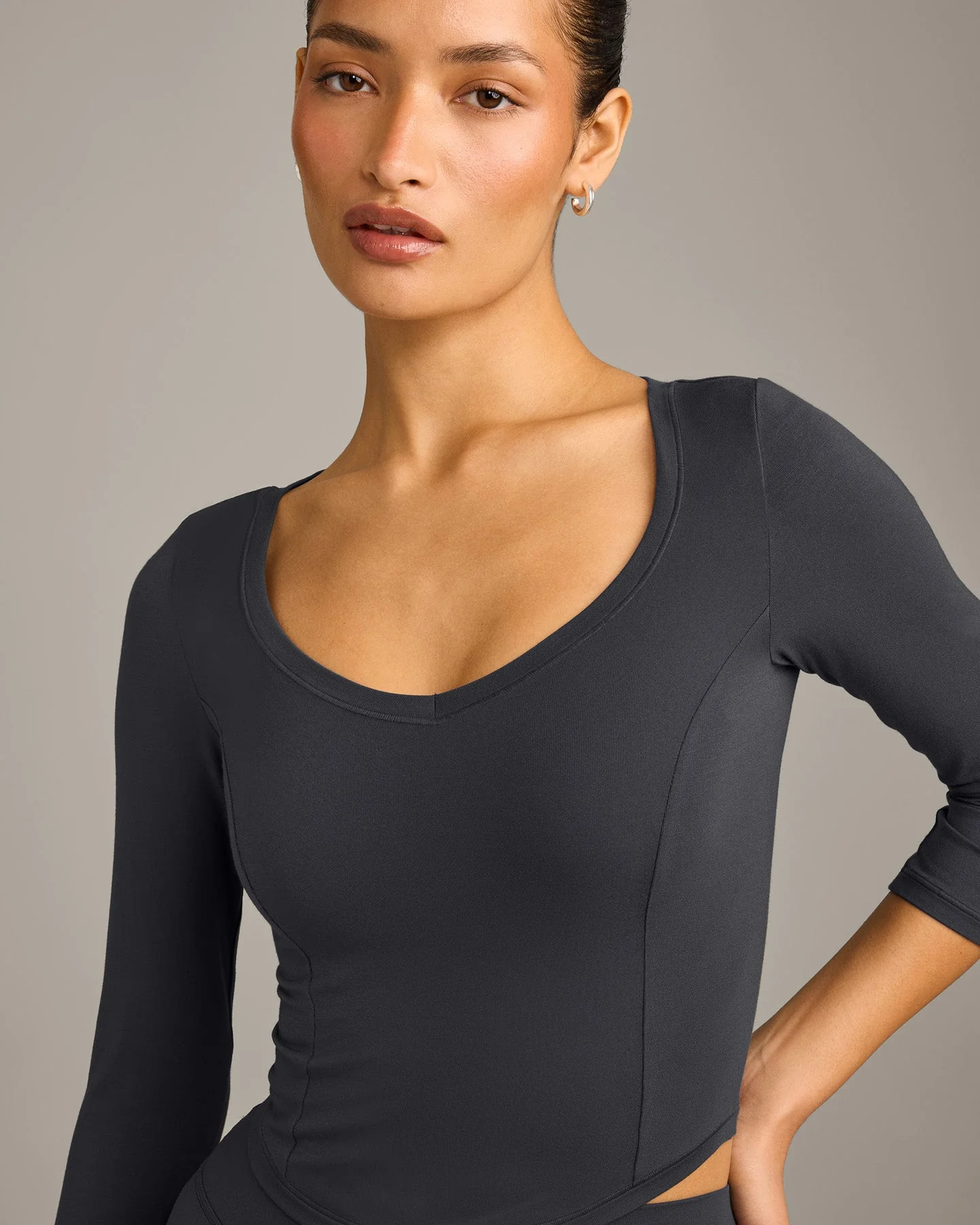 Mellow™ Motion Wide V Neck 3/4 Length Sleeve Mid Top | Coal - Image 2