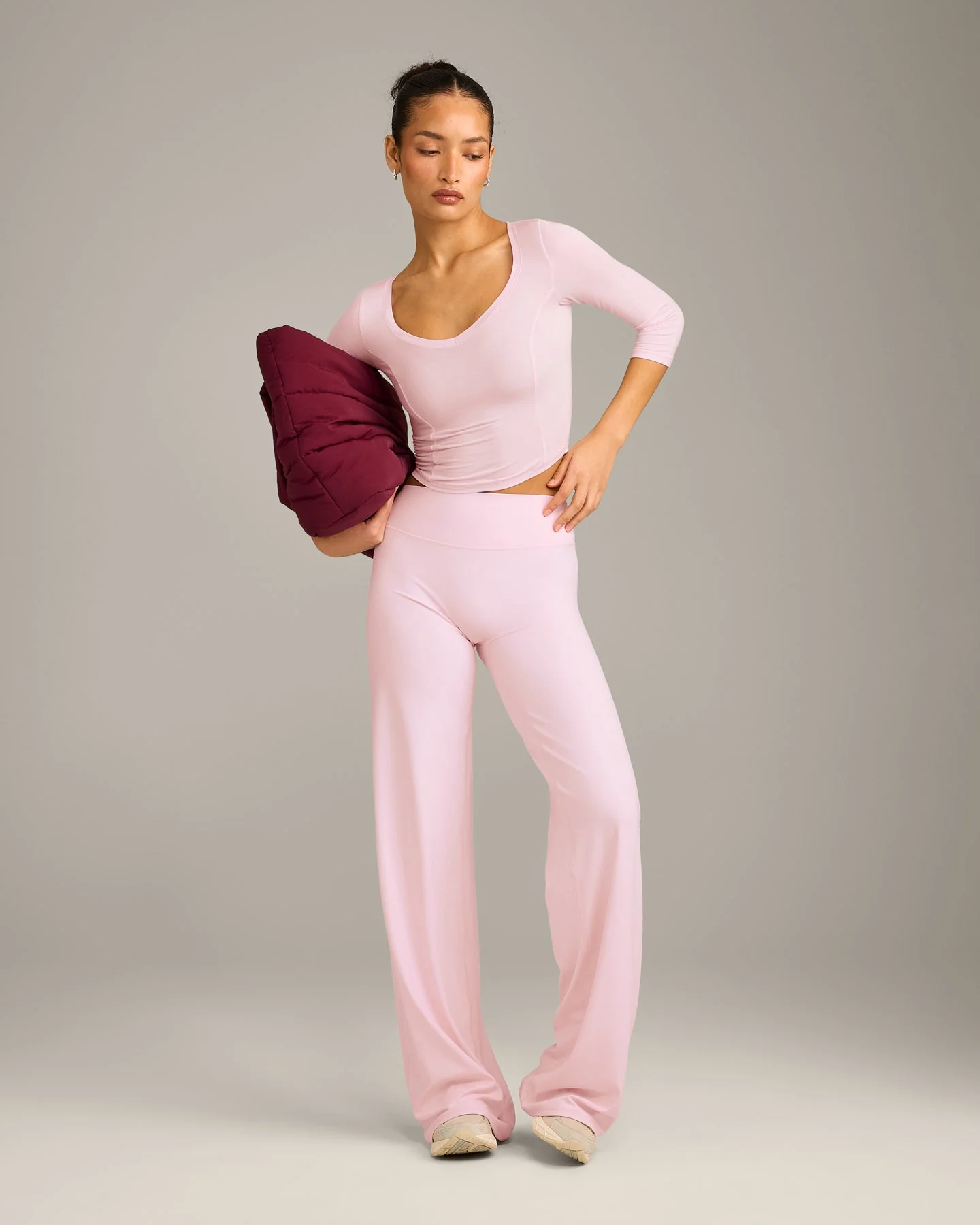 Mellow™ Motion Wide V Neck 3/4 Length Sleeve Mid Top | Soft Girl Pink - Image 3